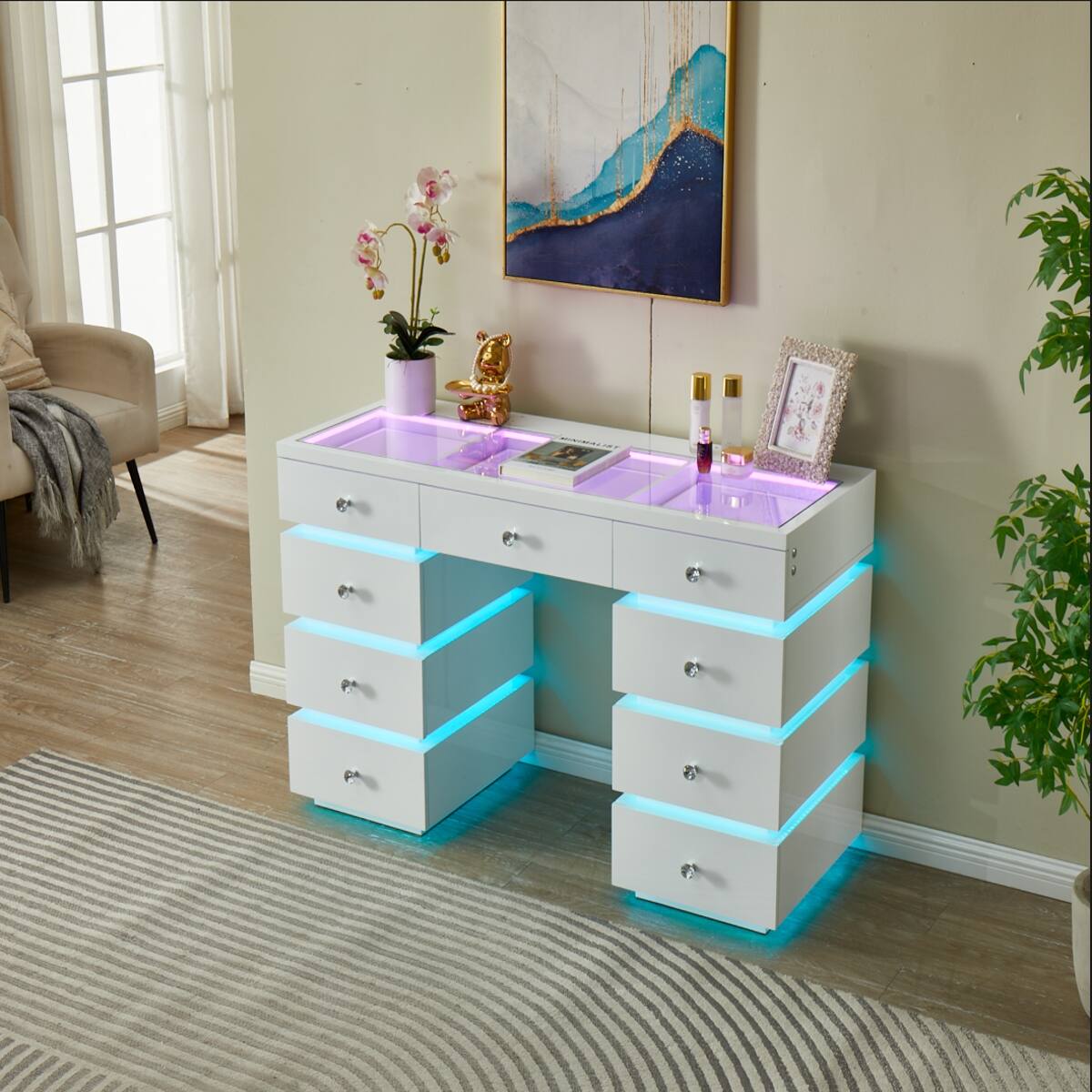 Alt View 1. Loheer - Loheer Lighted Makeup Vanity Desk with RGB Drawer Lights and 15 Bulb Hollywood Mirror - Gloss White.