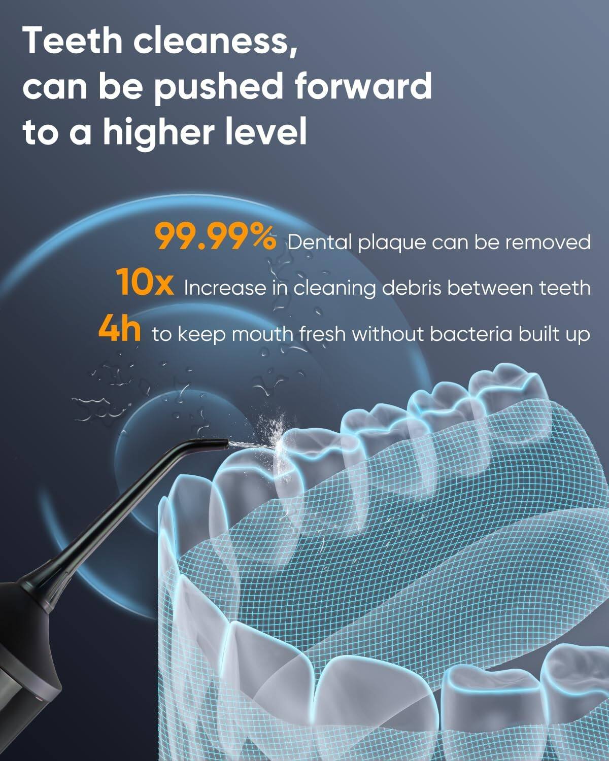Teeth cleaness, can be pushed forward to a higher level

99.99% Dental plaque can be removed

10x Increase in cleaning debris between teeth

4h to keep mouth fresh without bacteria built up
