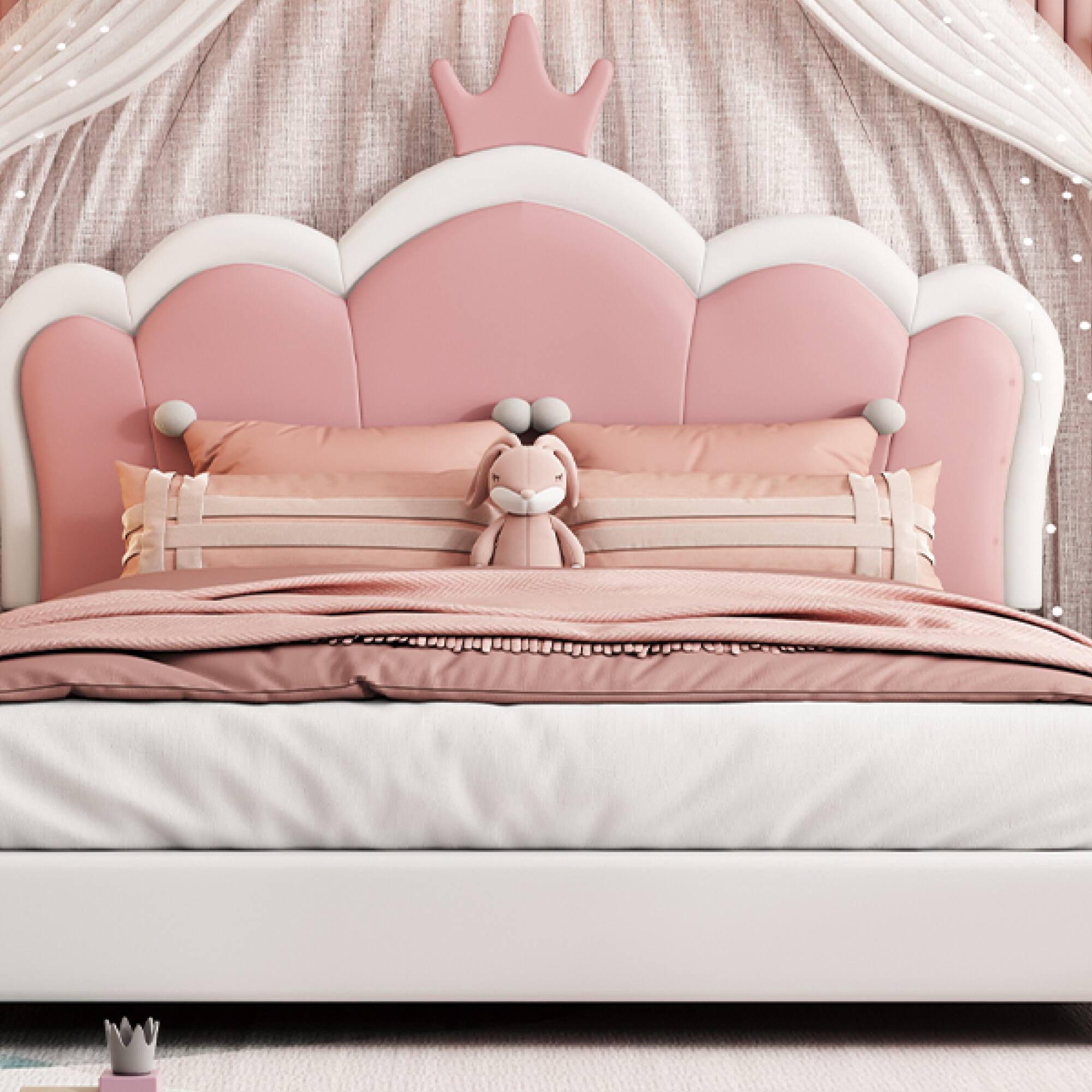 Alt View 10. GOODSILO - Full Size Upholstered Princess Bed with Crown Headboard and Footboard Platform Bed Frame - Cream.