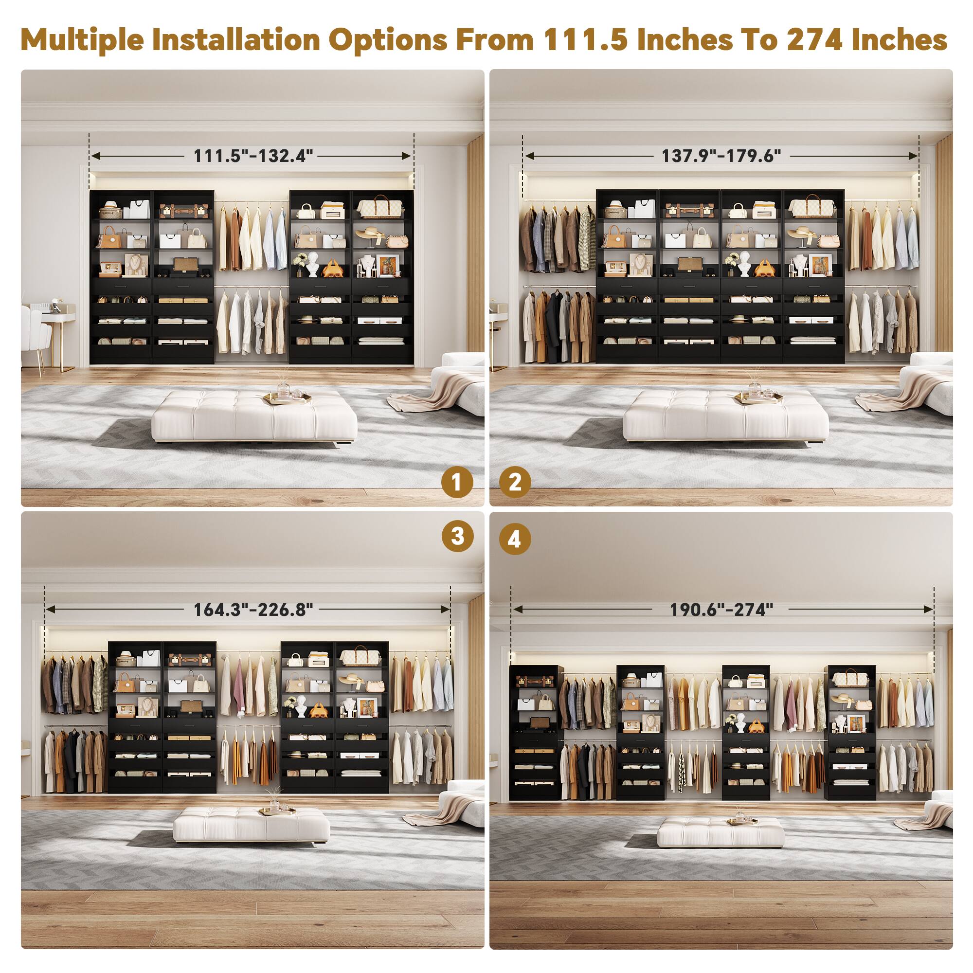 Multiple Installation Options From 111.5 Inches To 274 Inches

1. 111.5"-132.4"
2. 137.9"-179.6"
3. 164.3"-226.8"
4. 190.6"-274"