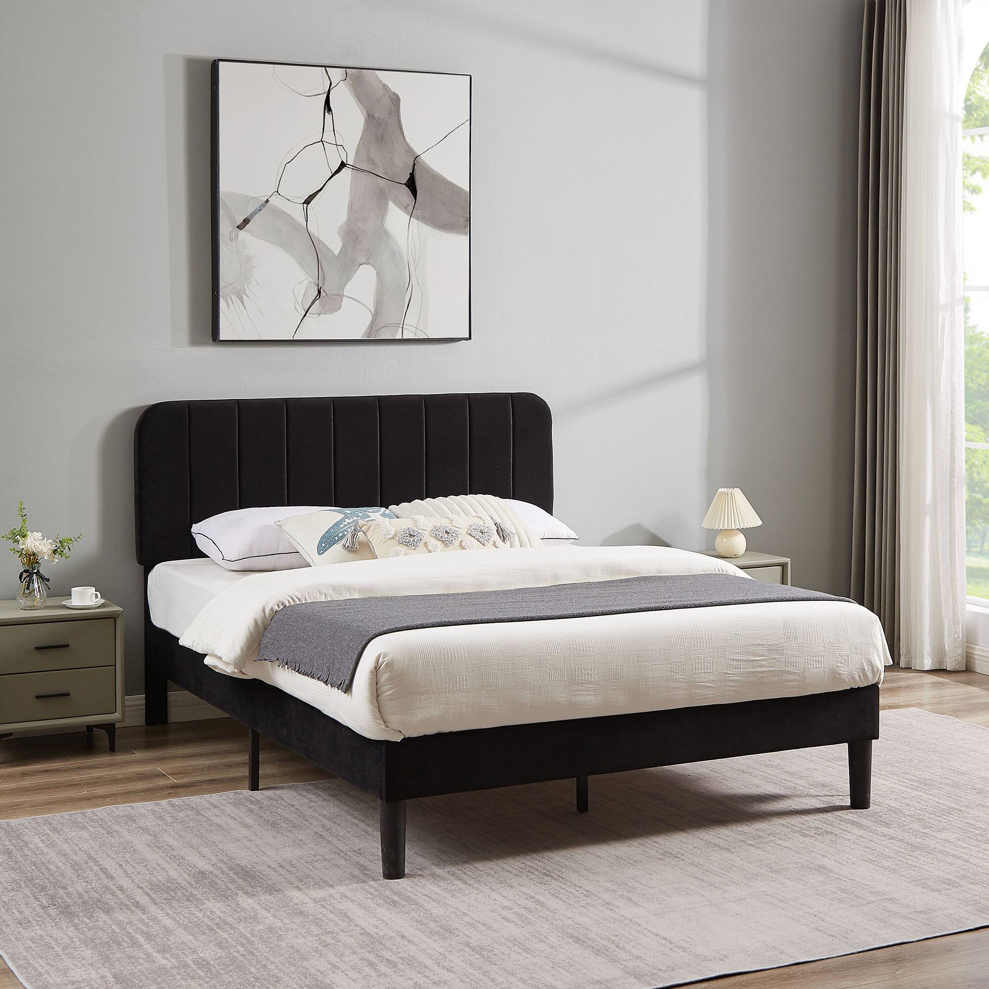 Alt View 3. Vecelo - Full Upholstered Bed with Adjustable Headboard & 7.9" Underbed Storage - Quiet Slat Metal Platform Bed,Fabric Frame - Pink.