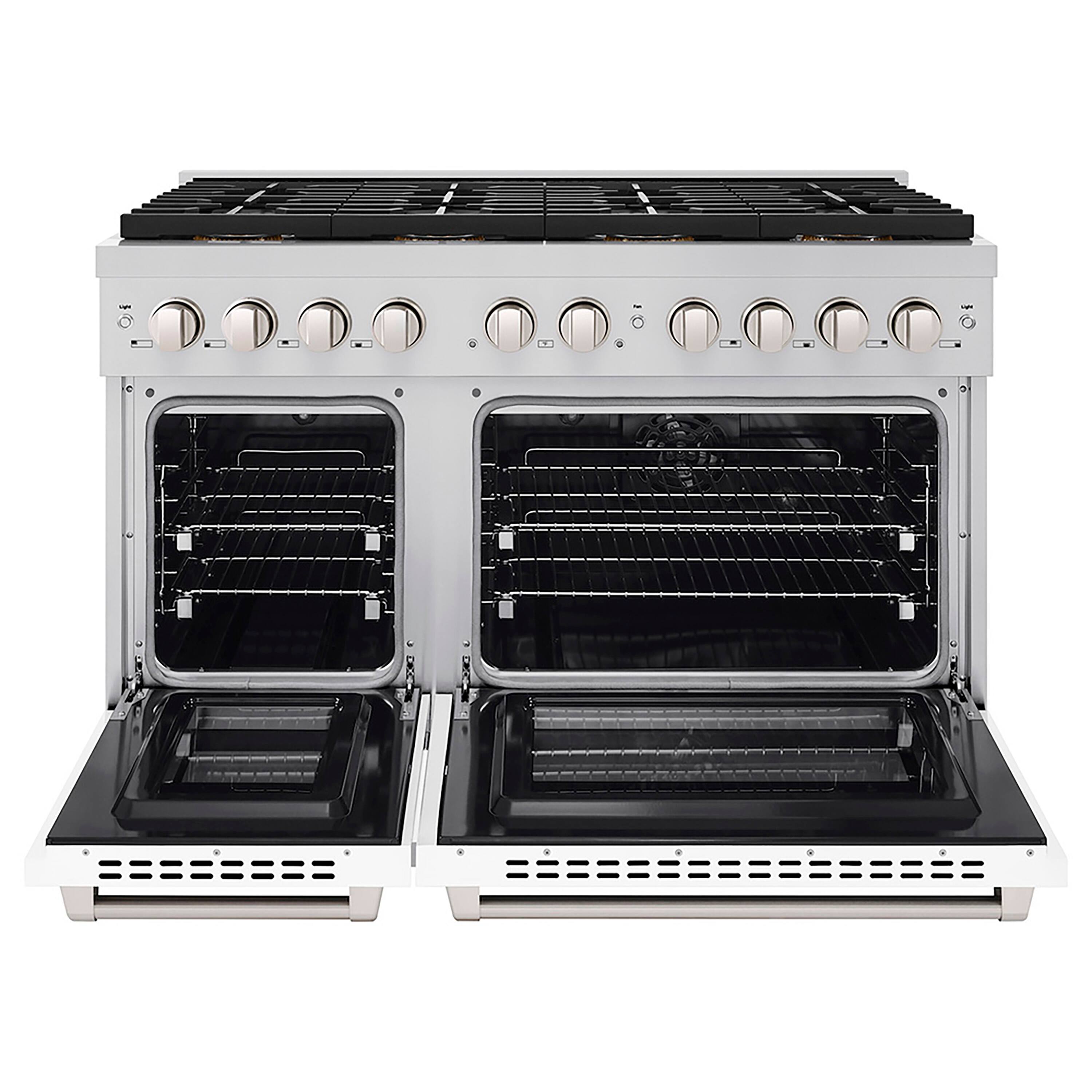 Angle. ZLINE - ZLINE 48 in. Paramount Dual Fuel Range with 8 Burner DuoPro Cooktop and Dual Ovens w/ White Doors (PSDR-WM-48) - Stainless Steel with White Matte Door.