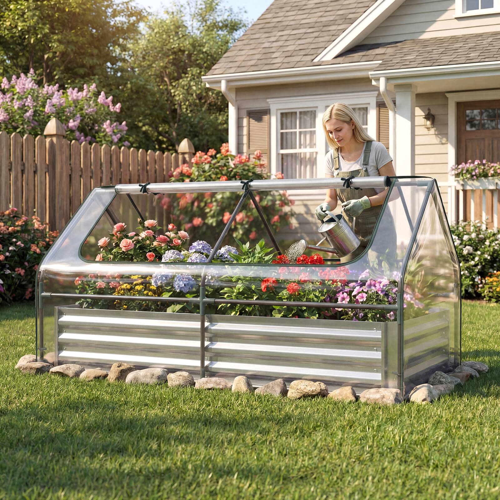 Alt View 1. Gymax - Gymax Galvanized Steel Raised Garden Bed Metal Planter Box Kit w/ Mini Greenhouse Cover - Green & Silver.