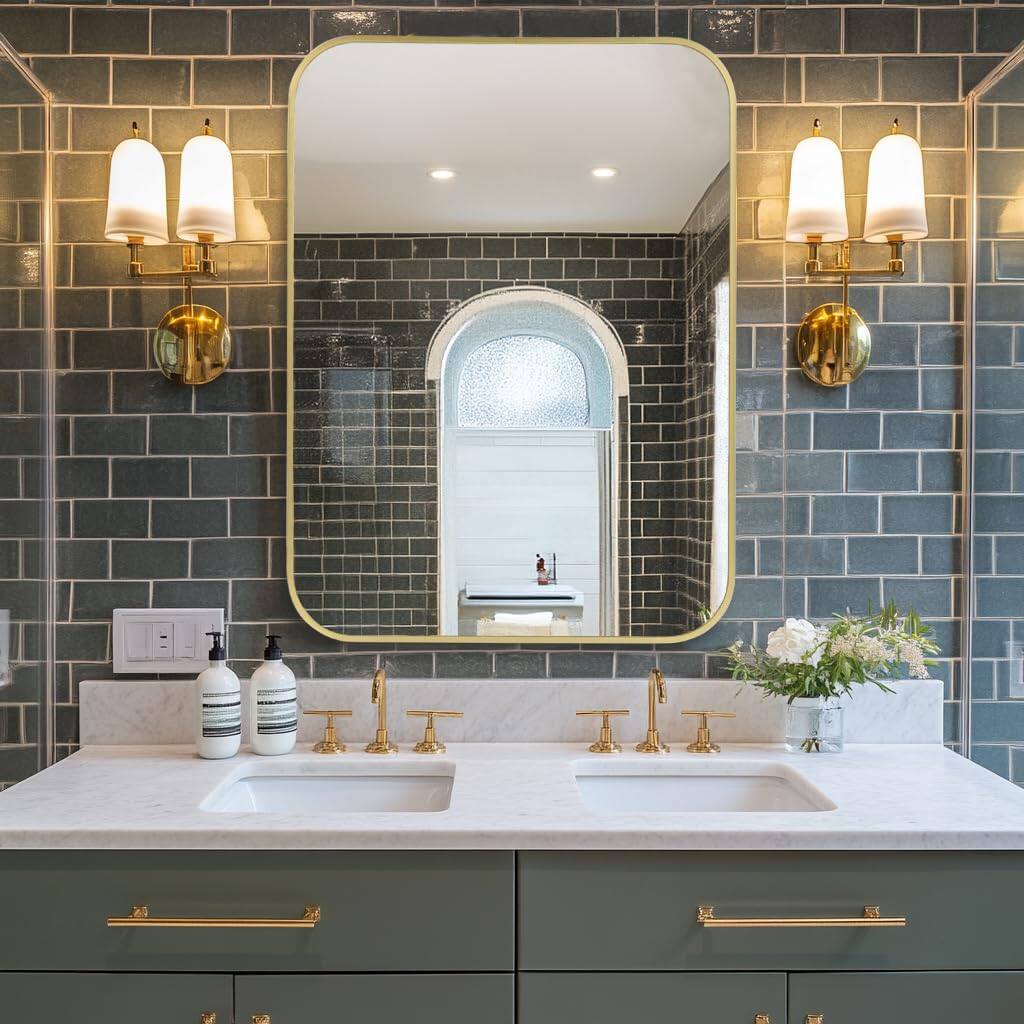 Alt View 4. Comfort Essence - Brushed Vanity Mirror Rectangle Bathroom Mirrors For Over Sink Anti-rust Frame tempered Glass Hangs Horiz... - Gold-24"x36".