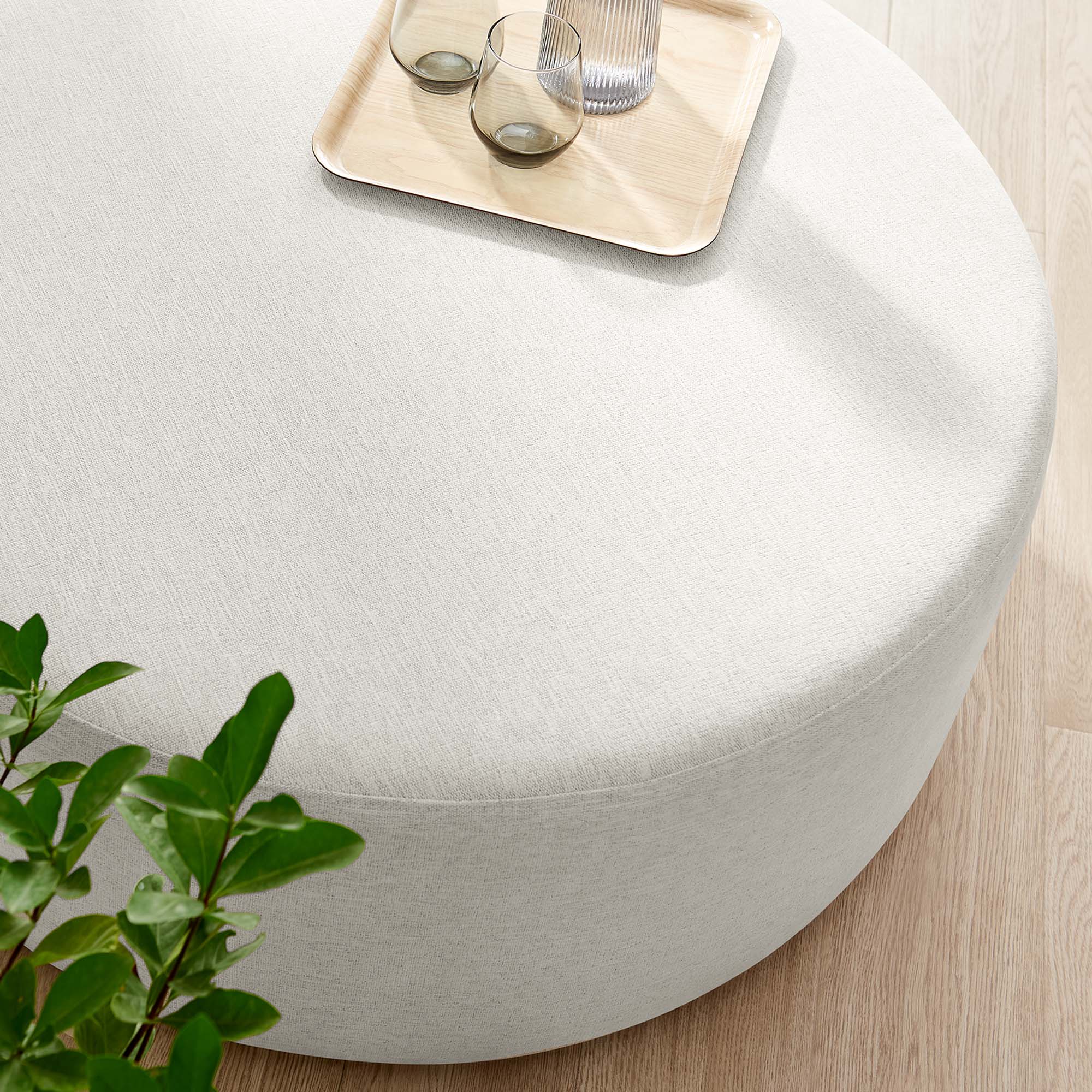 Alt View 1. Modway - Callum Large 38" Round Woven Heathered Fabric Upholstered Ottoman by Modway - Heathered Weave Ivory.
