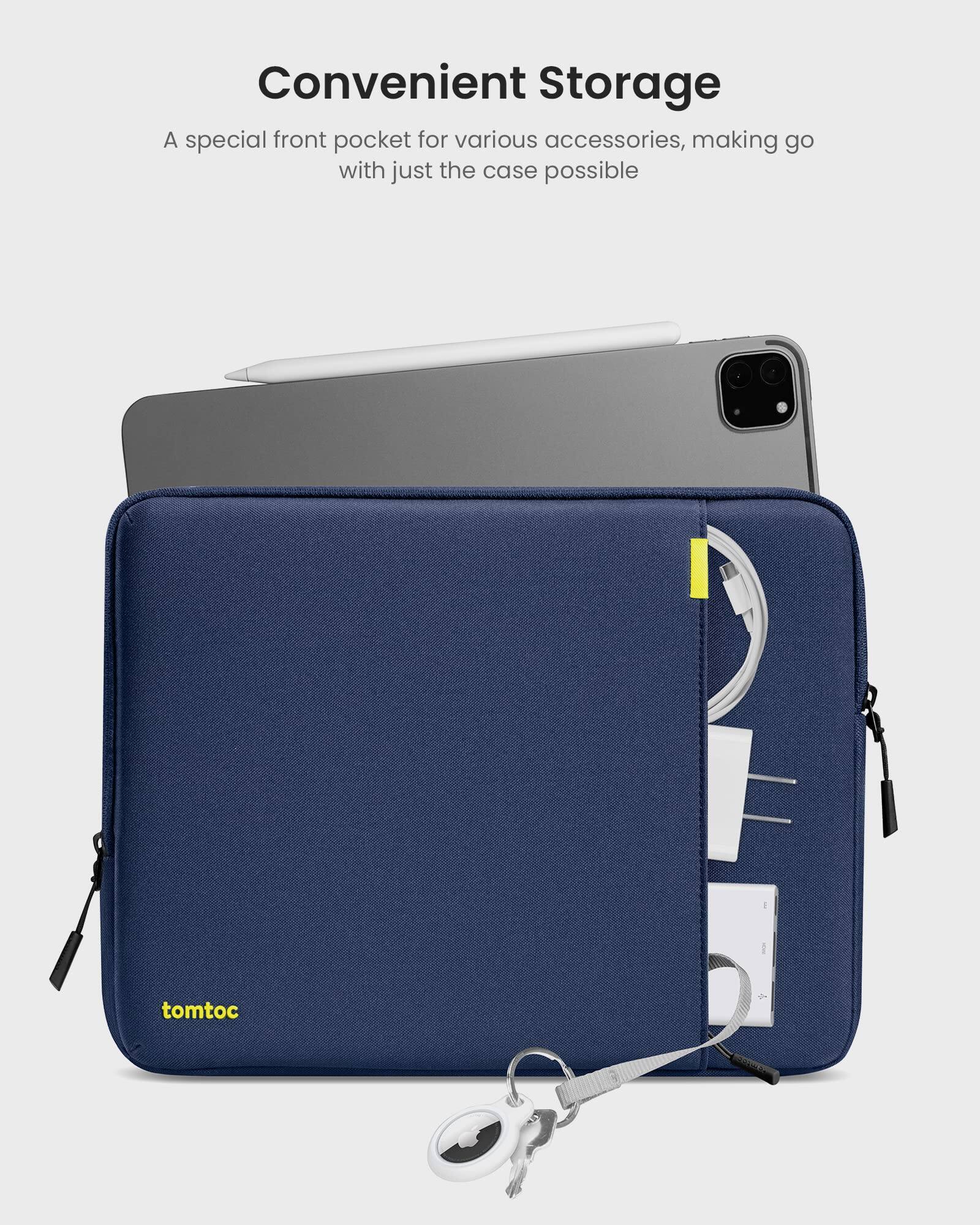 Convenient Storage  
A special front pocket for various accessories, making go with just the case possible  
tomtoc