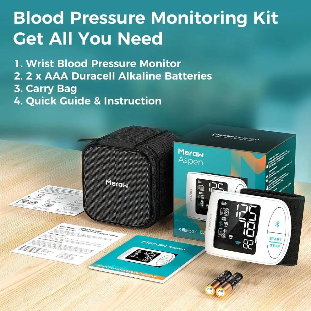 Blood Pressure Monitoring Kit  
Get All You Need  

1. Wrist Blood Pressure Monitor  
2. 2 x AAA Duracell Alkaline Batteries  
3. Carry Bag  
4. Quick Guide & Instruction  

Meraw Aspen  
Bluetooth  
START STOP