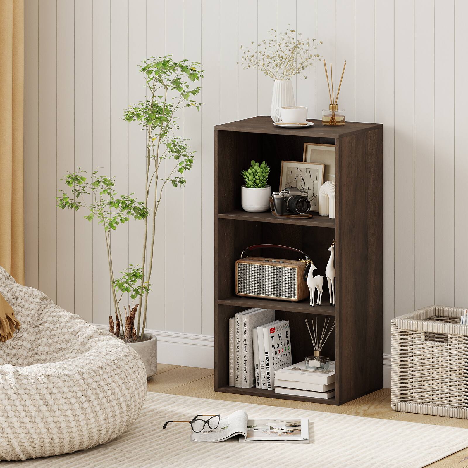 Gymax 3 Tier Bookshelf Wooden Bookcase w/ Adjustable Storage Shelves ...