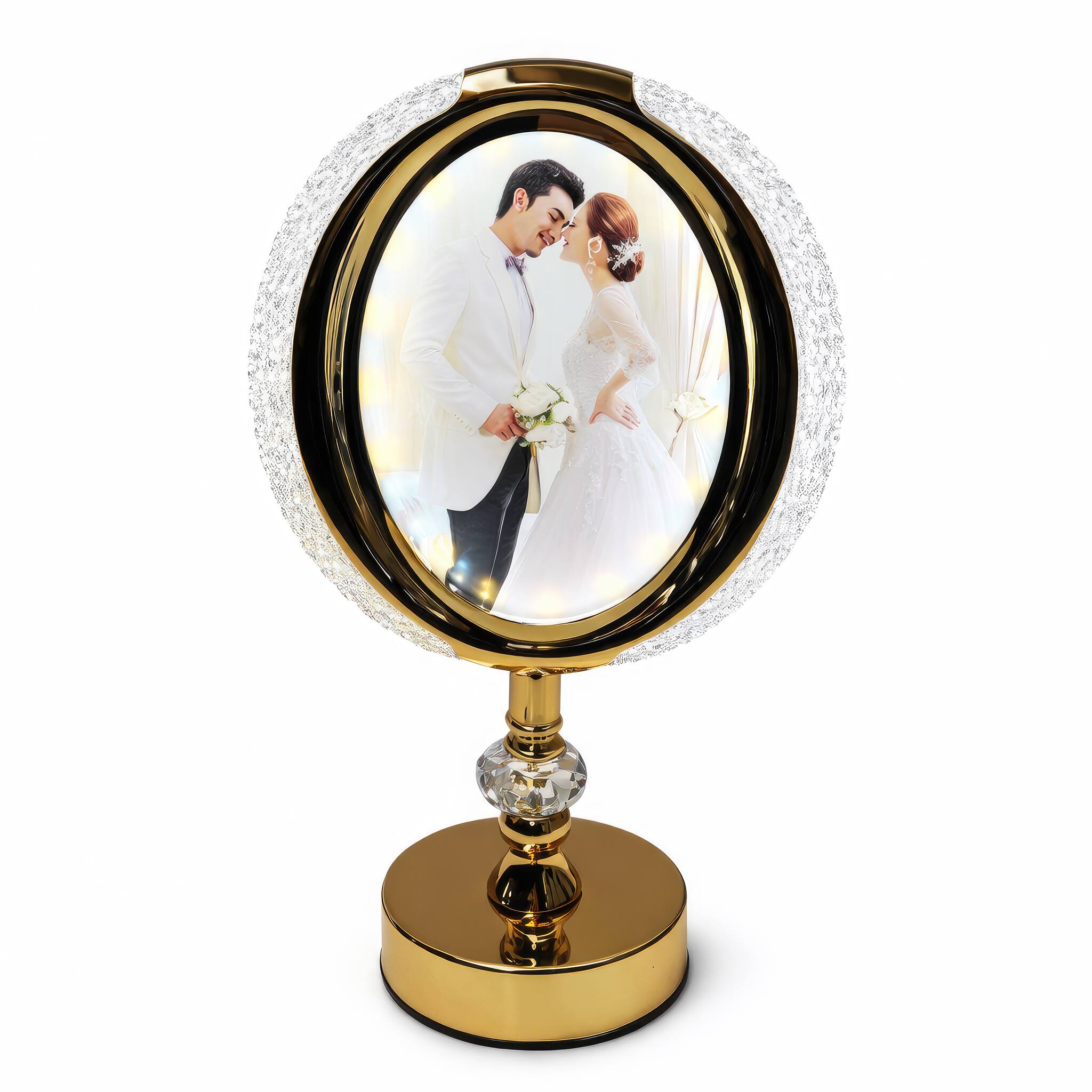 Angle. FC Design - 14"H Golden Base Oval Photo Frame Touch Lamp, 3-Color LED Decorative Light Accent.