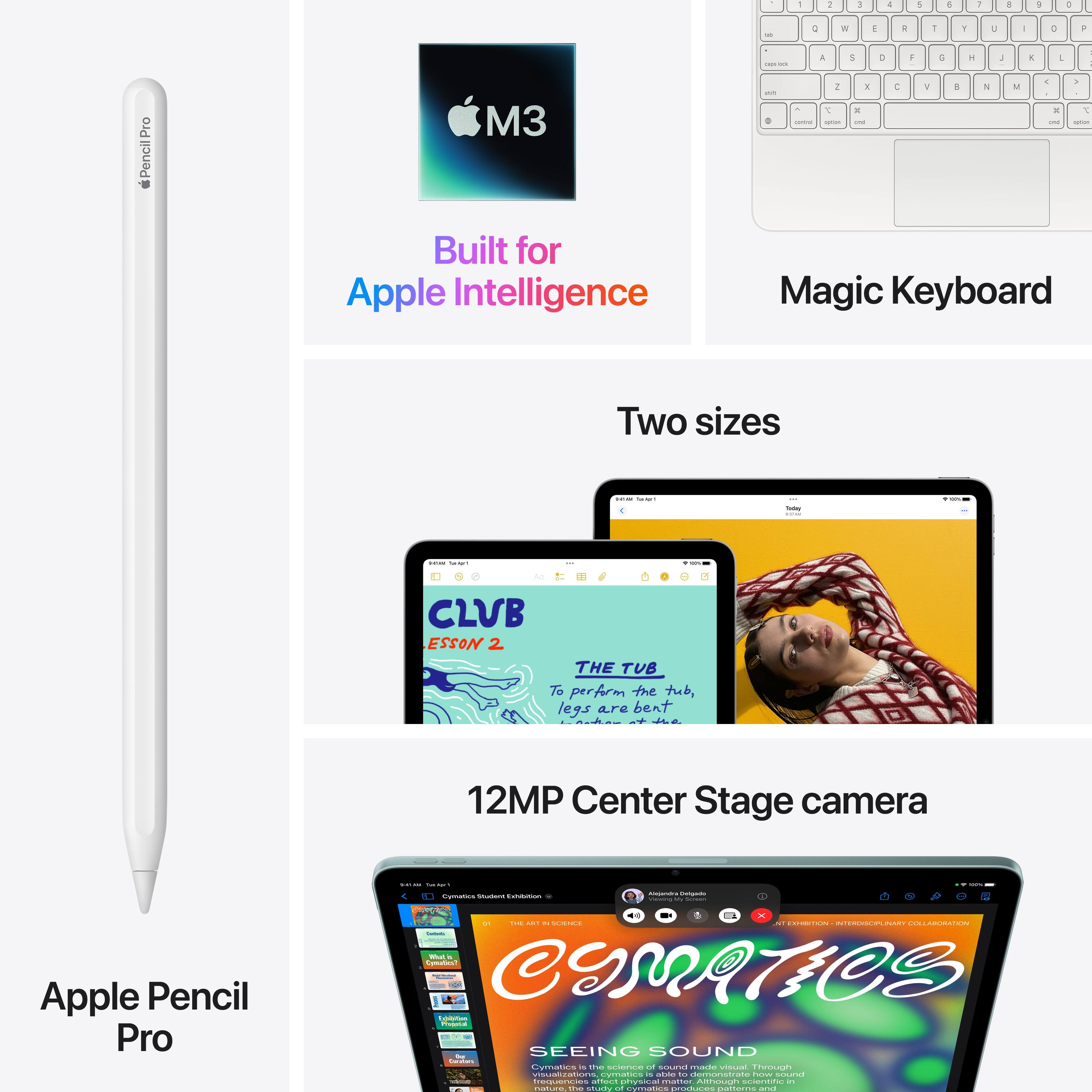 The text on the image is grouped and corrected as follows:

1. Apple Pencil Pro
2. Built for Apple Intelligence
3. Two sizes: 12MP Center Stage camera
4. Magic Keyboard
5. Club Esson 2
6. The Tub
7. To perform the tub, legs are bent
8. Apple Pencil Pro
9. Seeing Sound
10. Epoioan Coves no

This grouping and correction of the text provide a clear and organized presentation of the various items and their descriptions.
