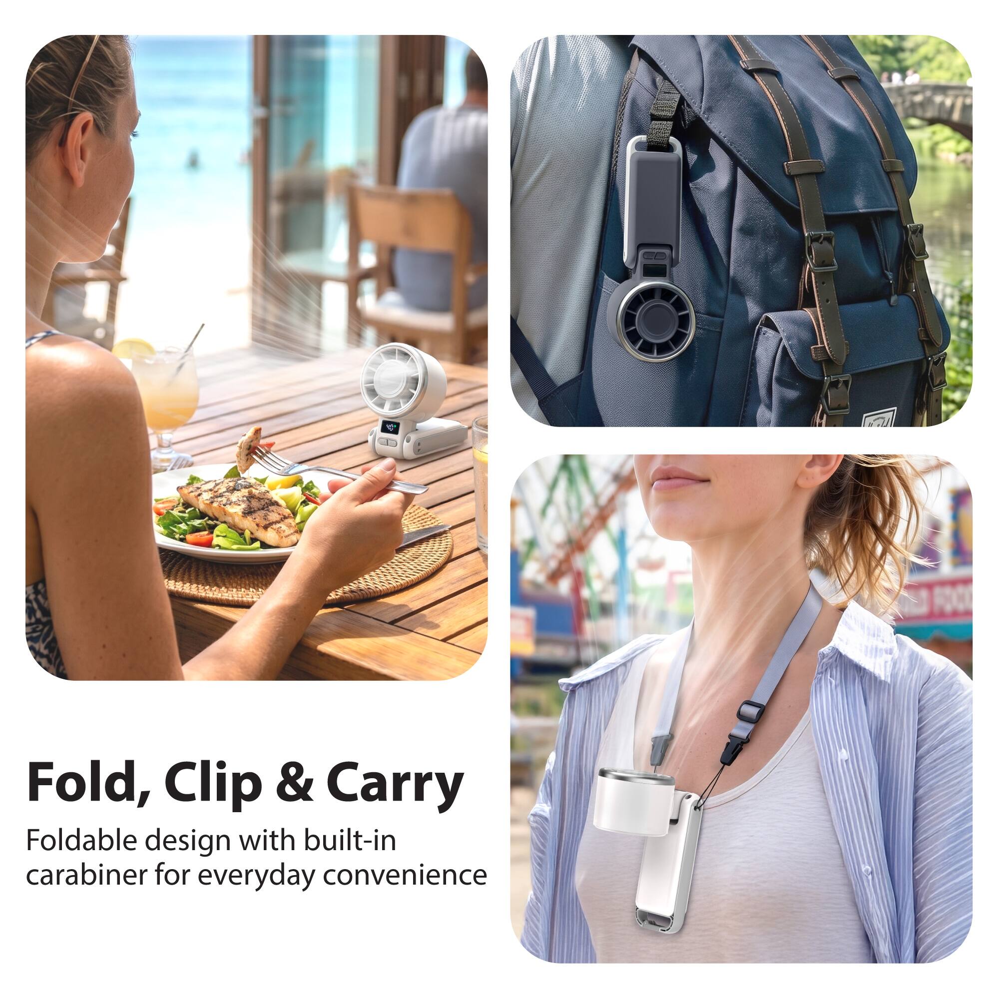 Fold, Clip & Carry  
Foldable design with built-in carabiner for everyday convenience