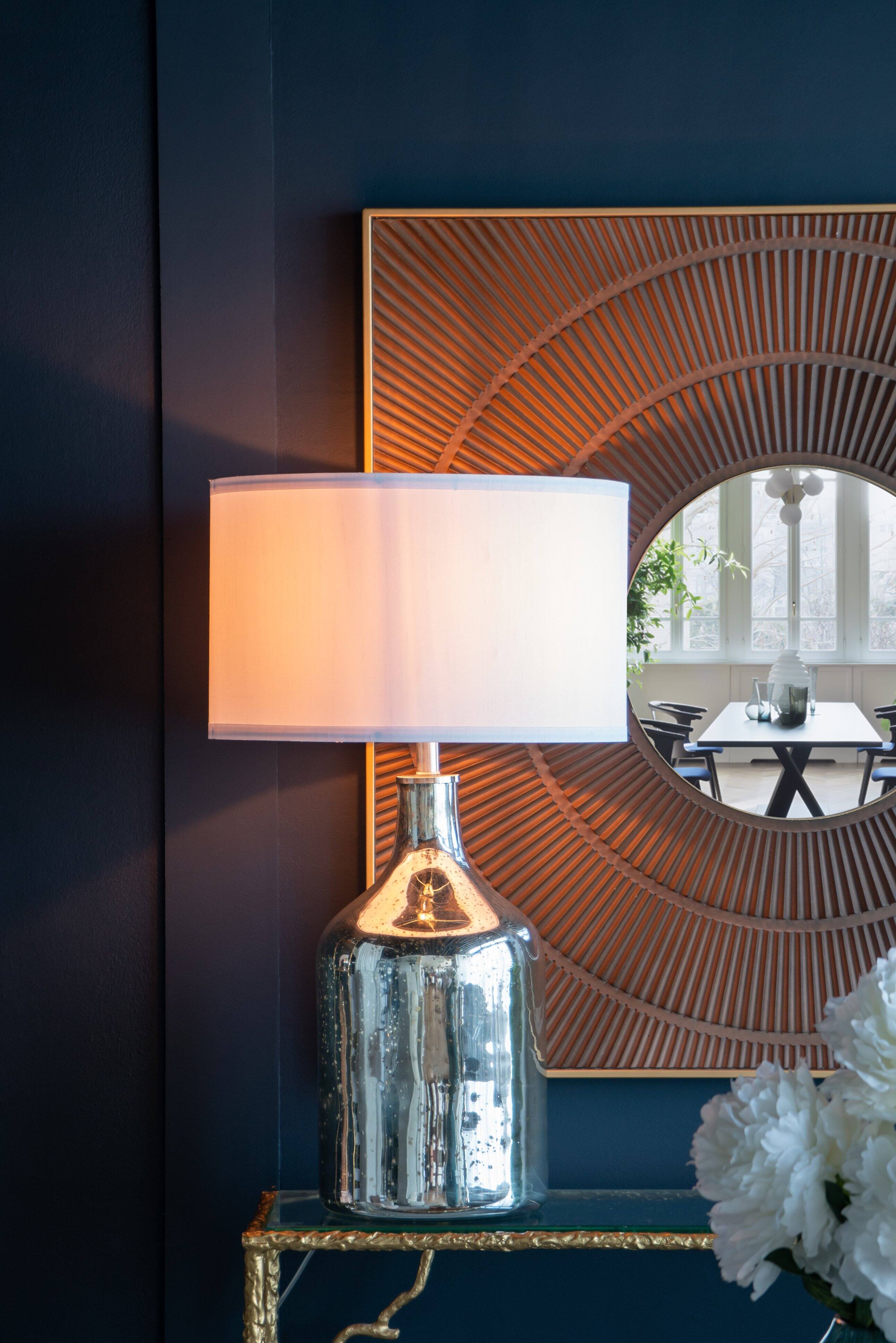 Left. Dexmalle - Dexmalle-Silver Round Table Lamp with White Fabric Shade-White+Silver.