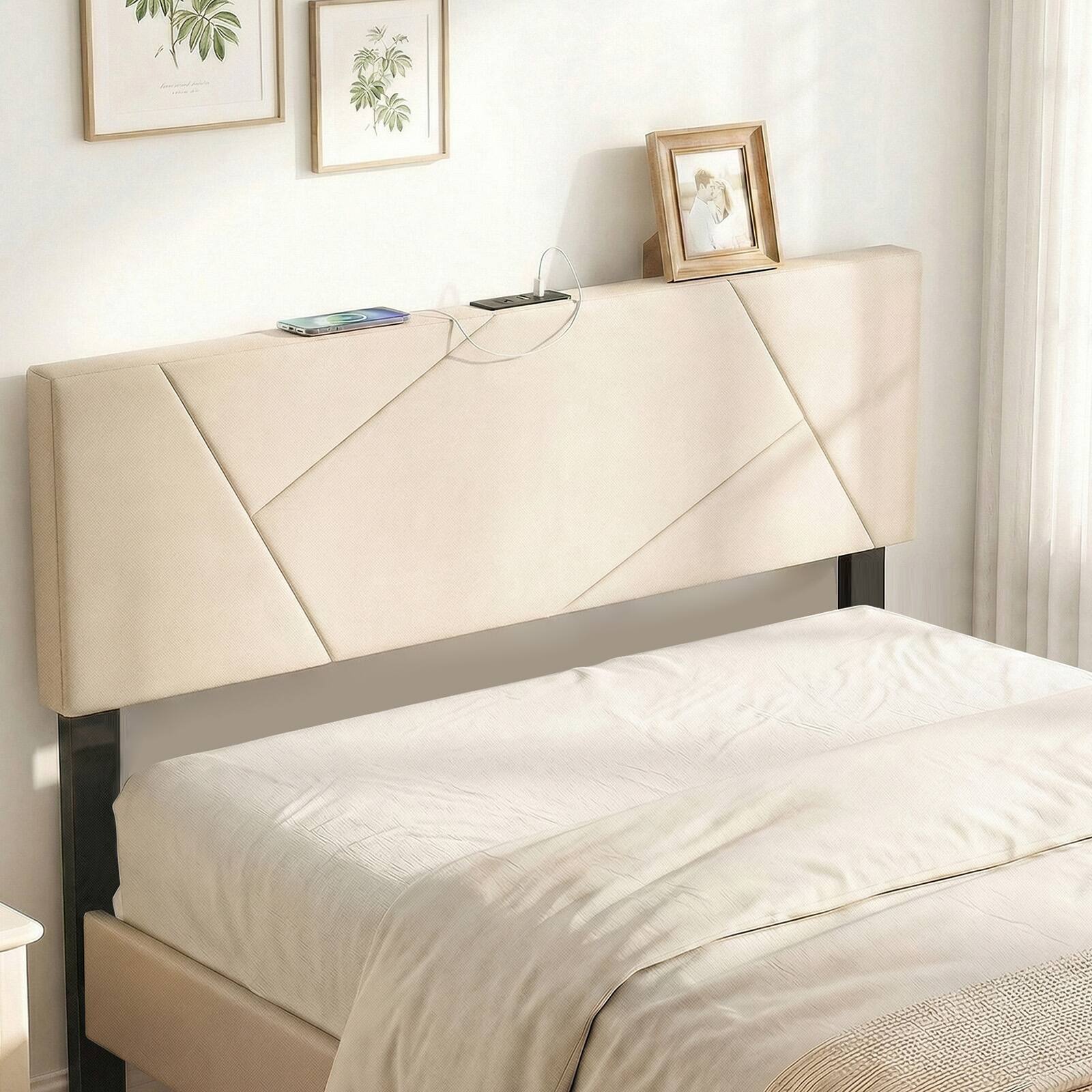 Alt View 4. Costway - Costway Headboard for Queen&Full Size Bed,Geometric Upholstered Head Board with 2AC Outlets - Beige.