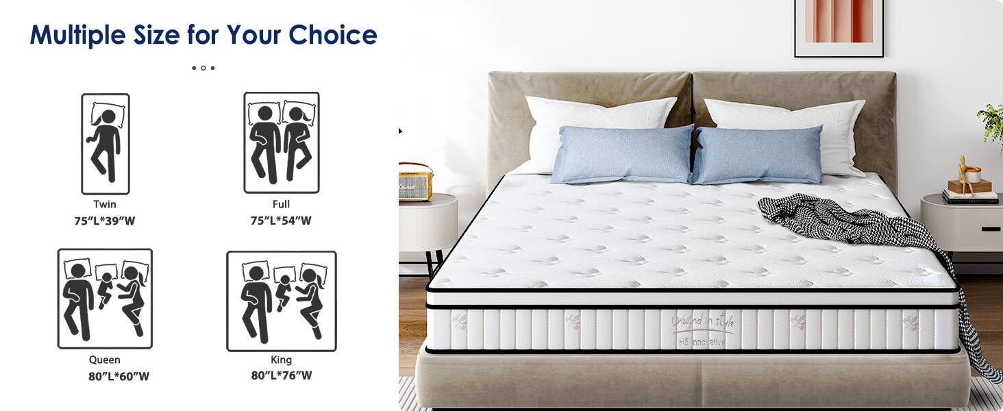 Multiple Size for Your Choice

- Twin: 75"L x 39"W
- Full: 75"L x 54"W
- Queen: 80"L x 60"W
- King: 80"L x 76"W