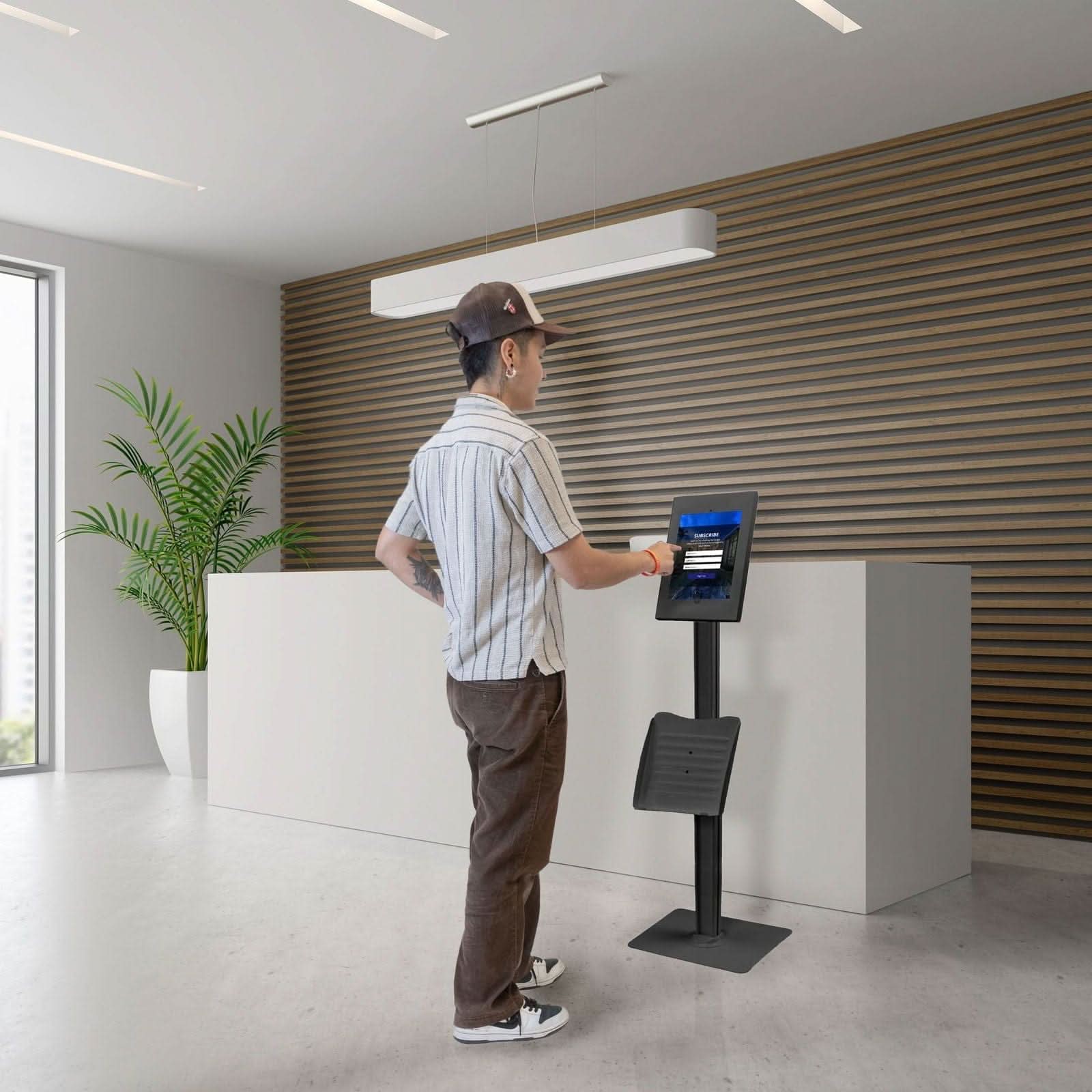 Left. Mount-It! - Anti‑Theft Tablet Kiosk with Document Holder for iPad, iPad Air & iPad Pro with Tilt and Rotation, Black - Black.