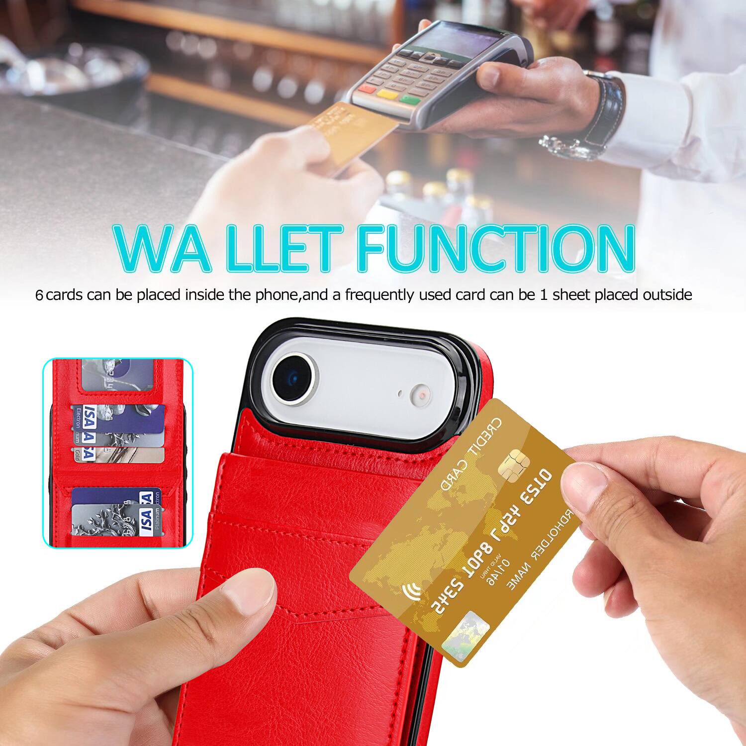 WA LLET FUNCTION  
6 cards can be placed inside the phone, and a frequently used card can be 1 sheet placed outside.  
ISA CREDIT CARD HOLDER  
10P8  
LAHT ANTID NAME 2345