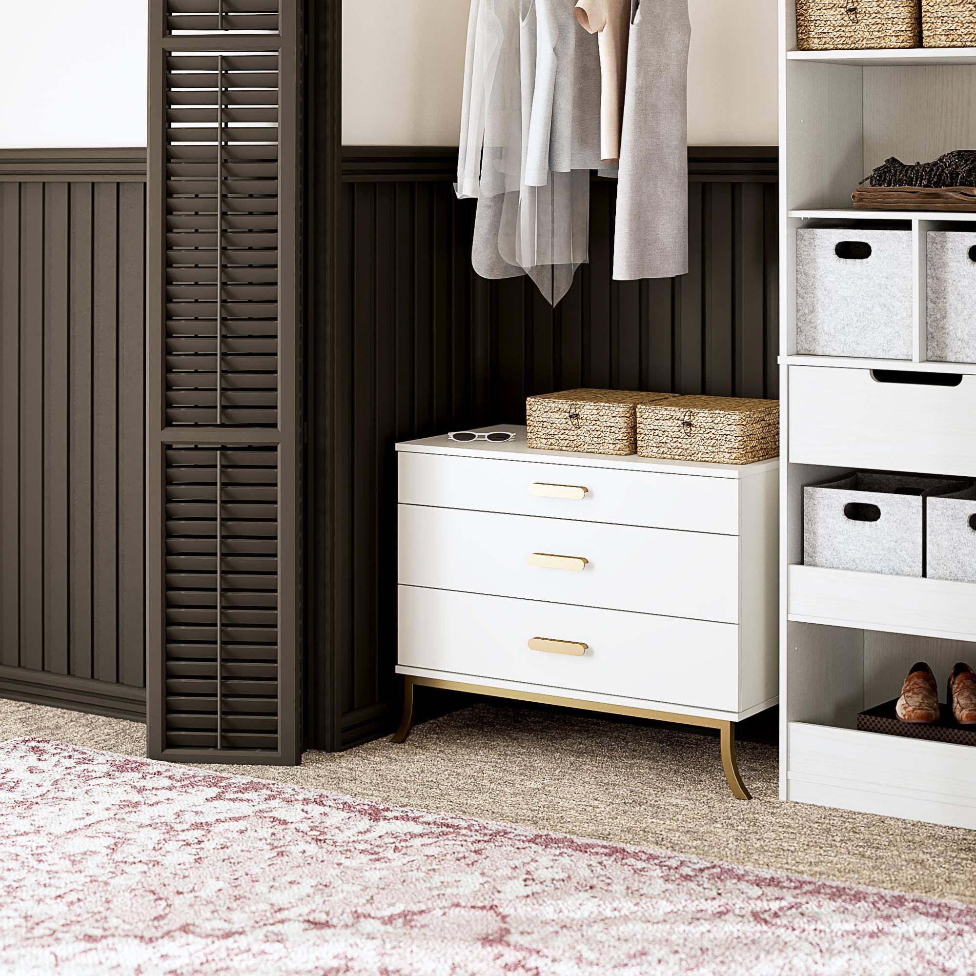 Left. TinyHomie - 3-Drawer Dresser with Oval Handles - White and Gold.