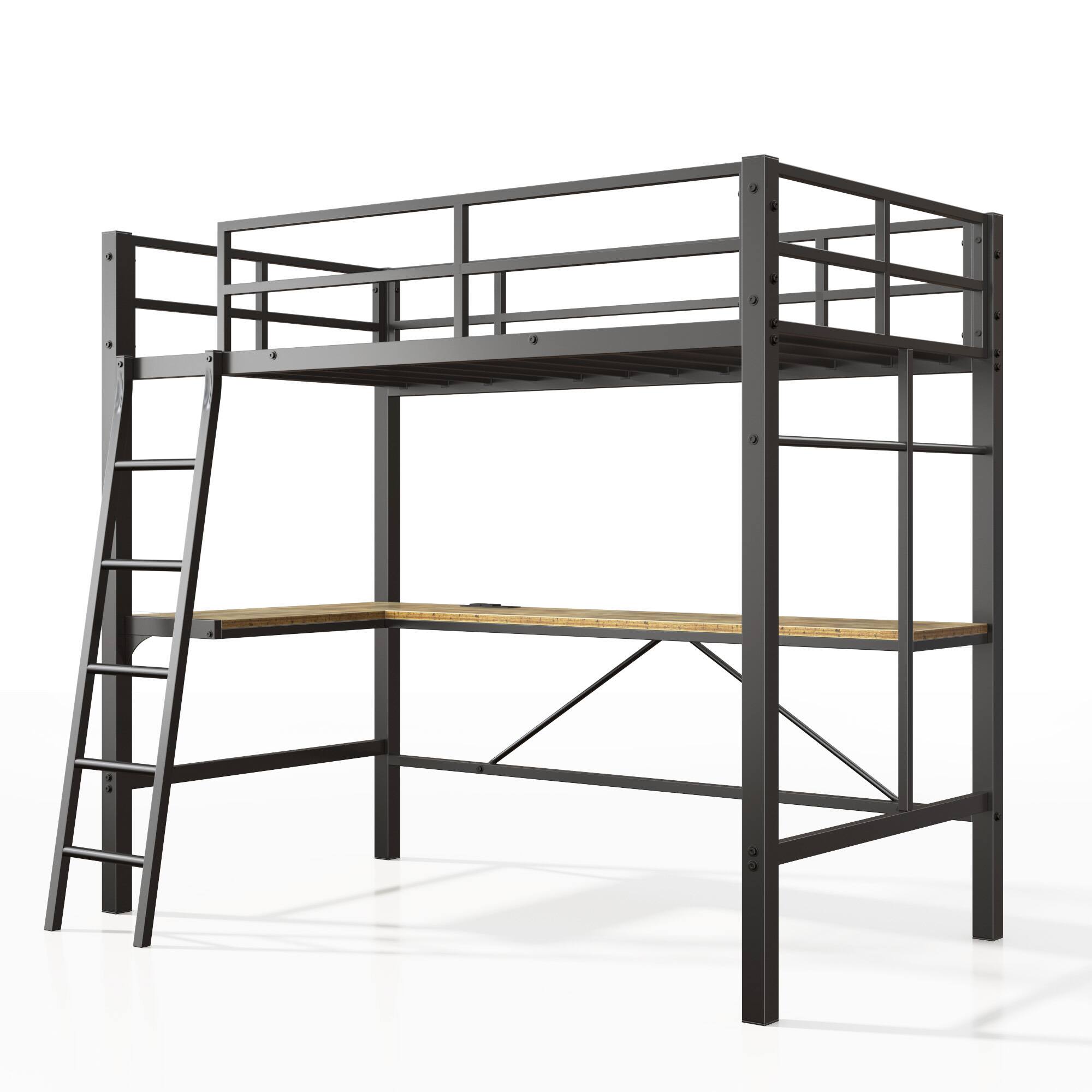 Angle. Spaco - Spaco Heavy Duty Twin Metal Loft Bed with L-Shaped Desk, USB Charging Station, LED Lights, Safety Guardrails and Ladder - Antique Black.