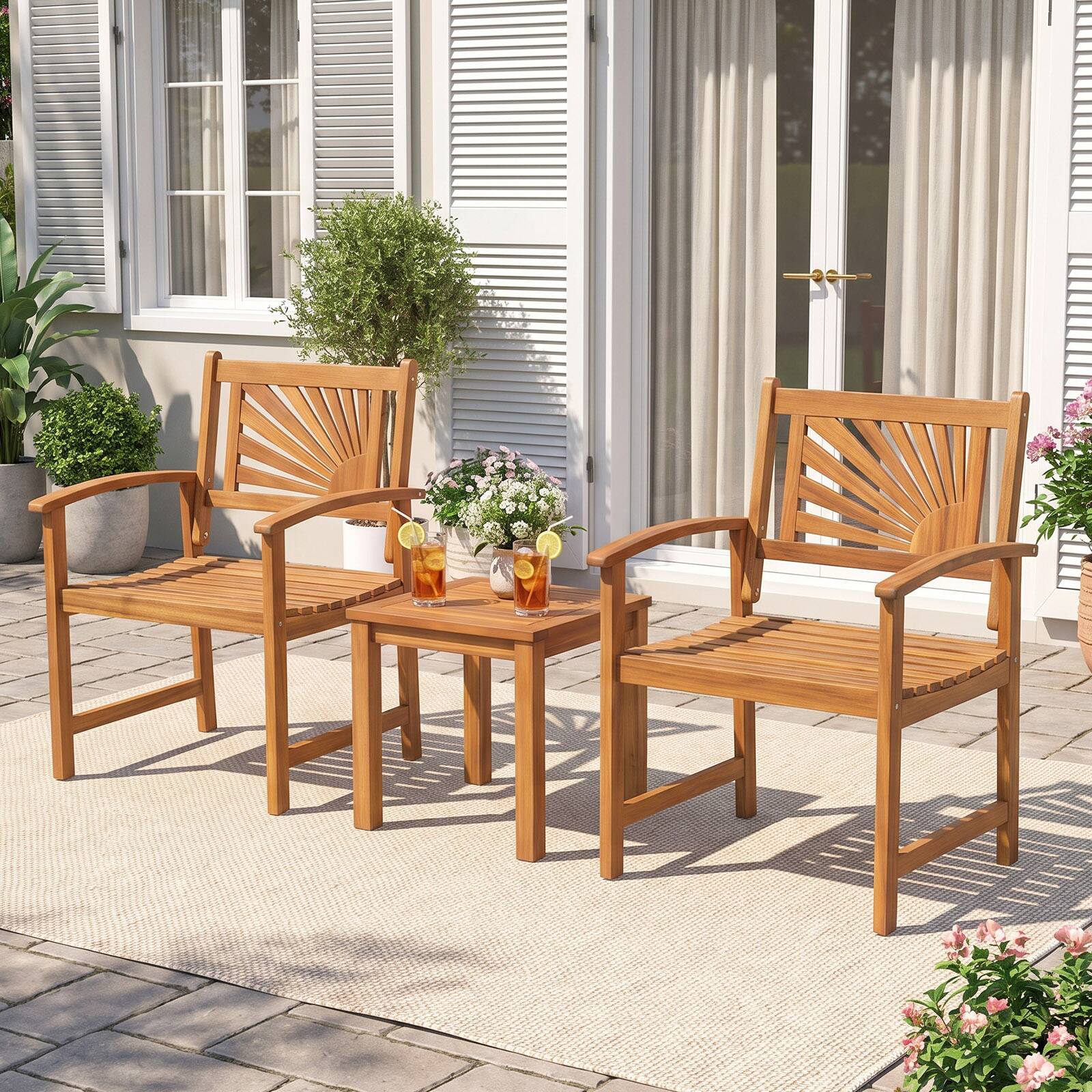 Alt View 3. Costway - Costway 3-Piece Patio Acacia Wood Bistro Set with 2 Slatted Armchairs & Square Coffee Table - Natural.