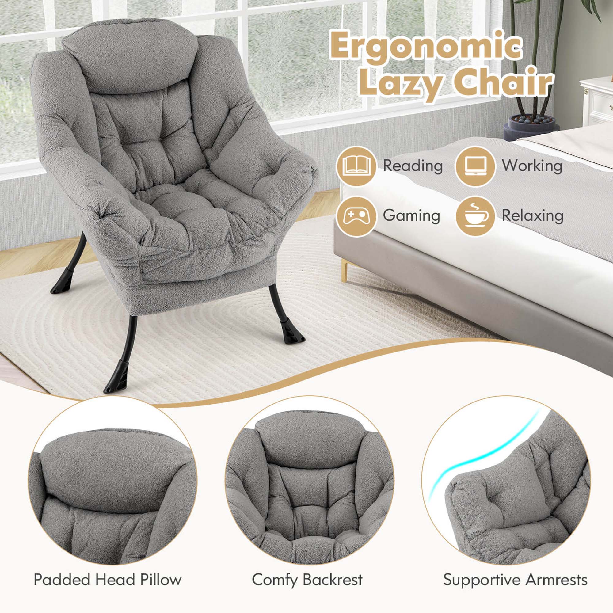 Ergonomic Lazy Chair: Reading, Working, Gaming, Relaxing, Padded Head Pillow, Comfy Backrest, Supportive Armrests