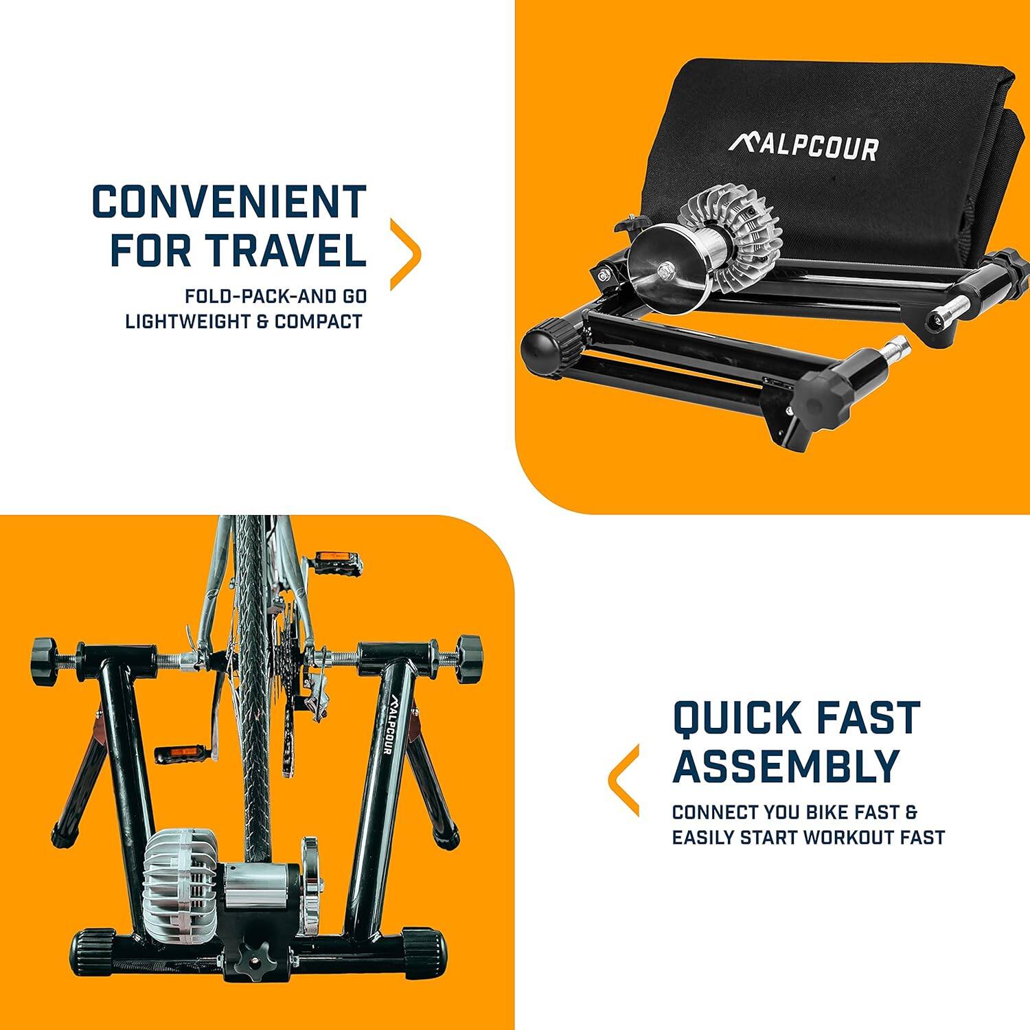 The corrected text is:

"Convenient for travel: fold-pack-and-go lightweight & compact. Alpcour Alpcour quick fast assembly: connect your bike fast & easily start workout fast."