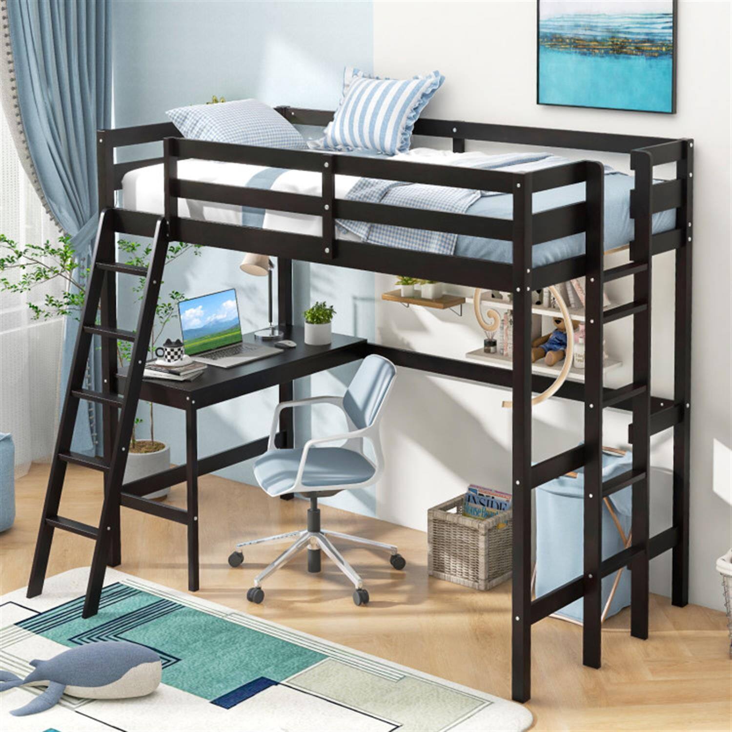Alt View 5. Pefilos - Loft Bed Twin Size, Solid Wood Loft Bed with Desk Angled and Built-in Ladder, Modern Wooden Playhouse Bed Frame, Brown - Brown.
