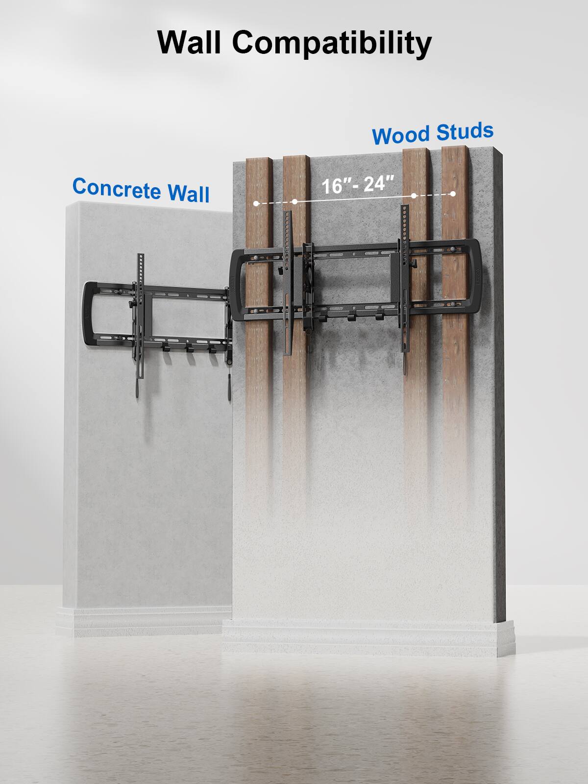 Wall Compatibility

Concrete Wall

Wood Studs

16" - 24"