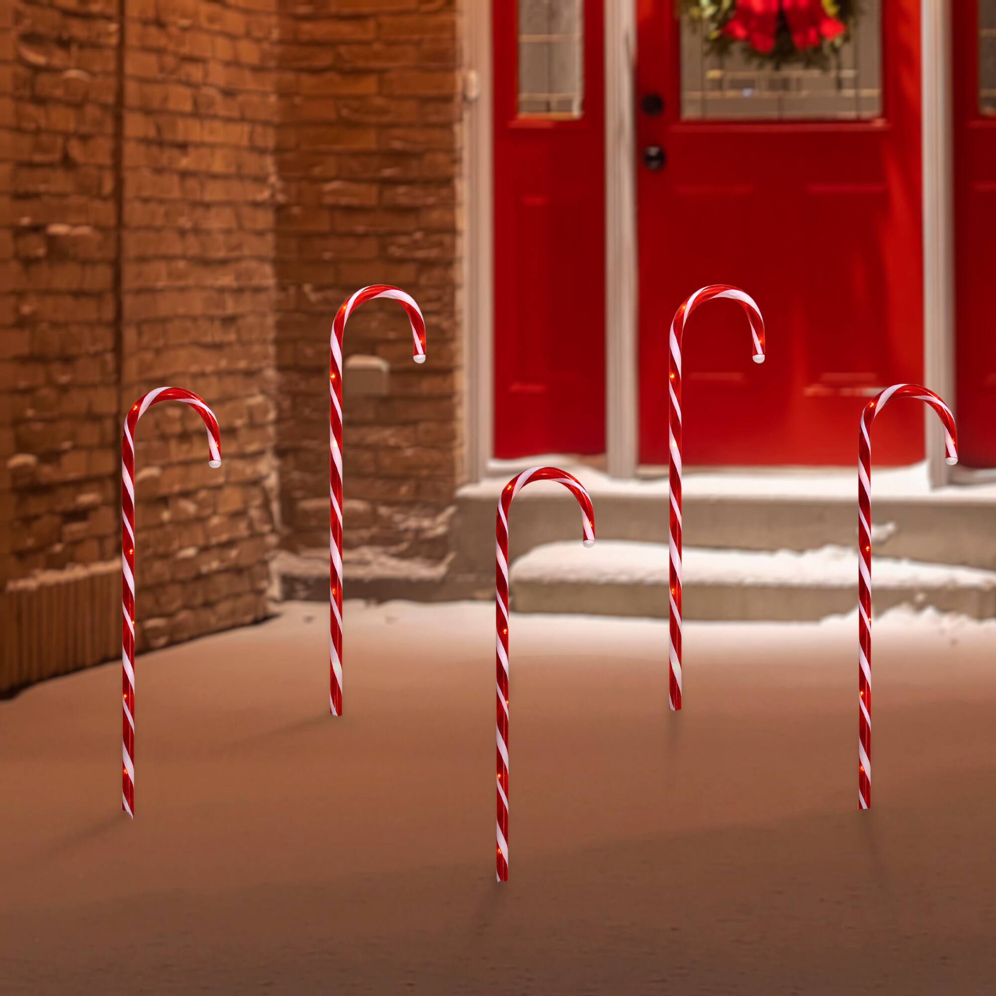 Alt View 1. Northlight - Set of 5 Red Lighted Candy Cane Christmas Lawn Stakes 28" - Battery Operated - Red.