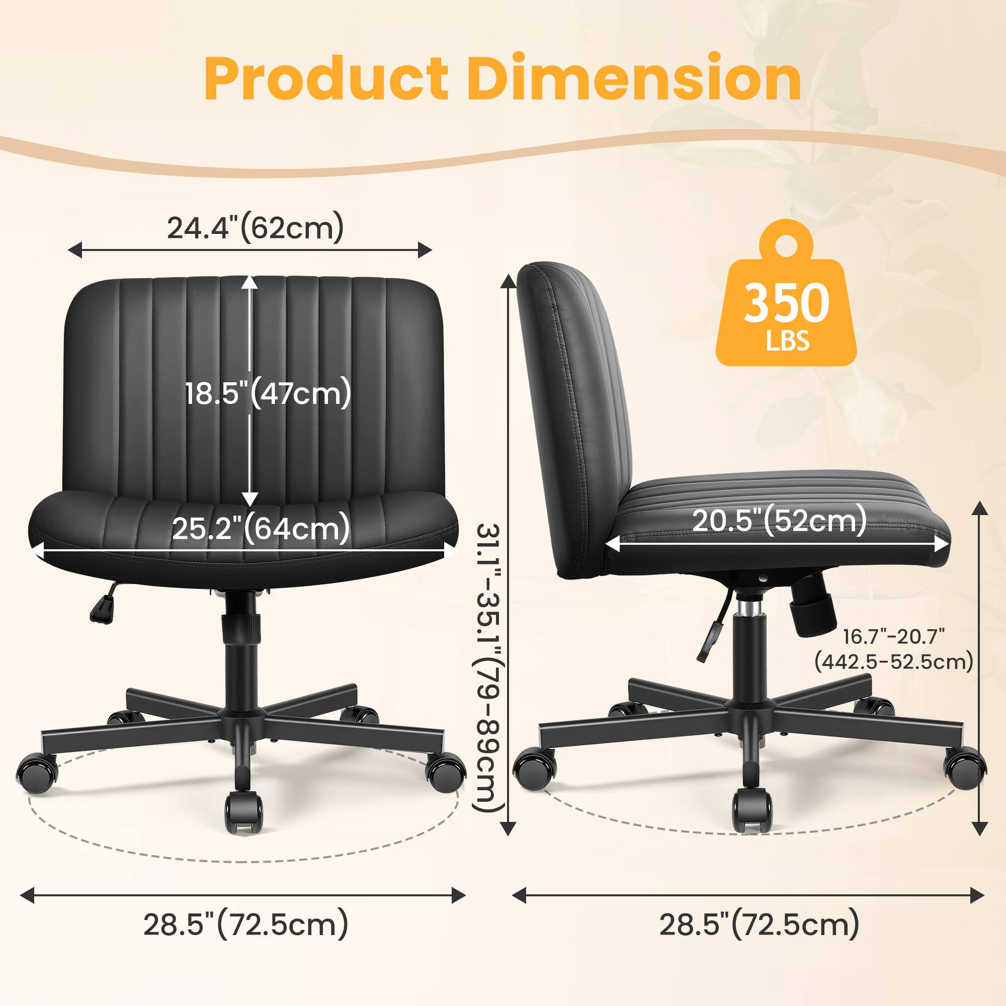 KERDOM Armless Wide Seat PU leather Vanity Chair with Wheels, Mid