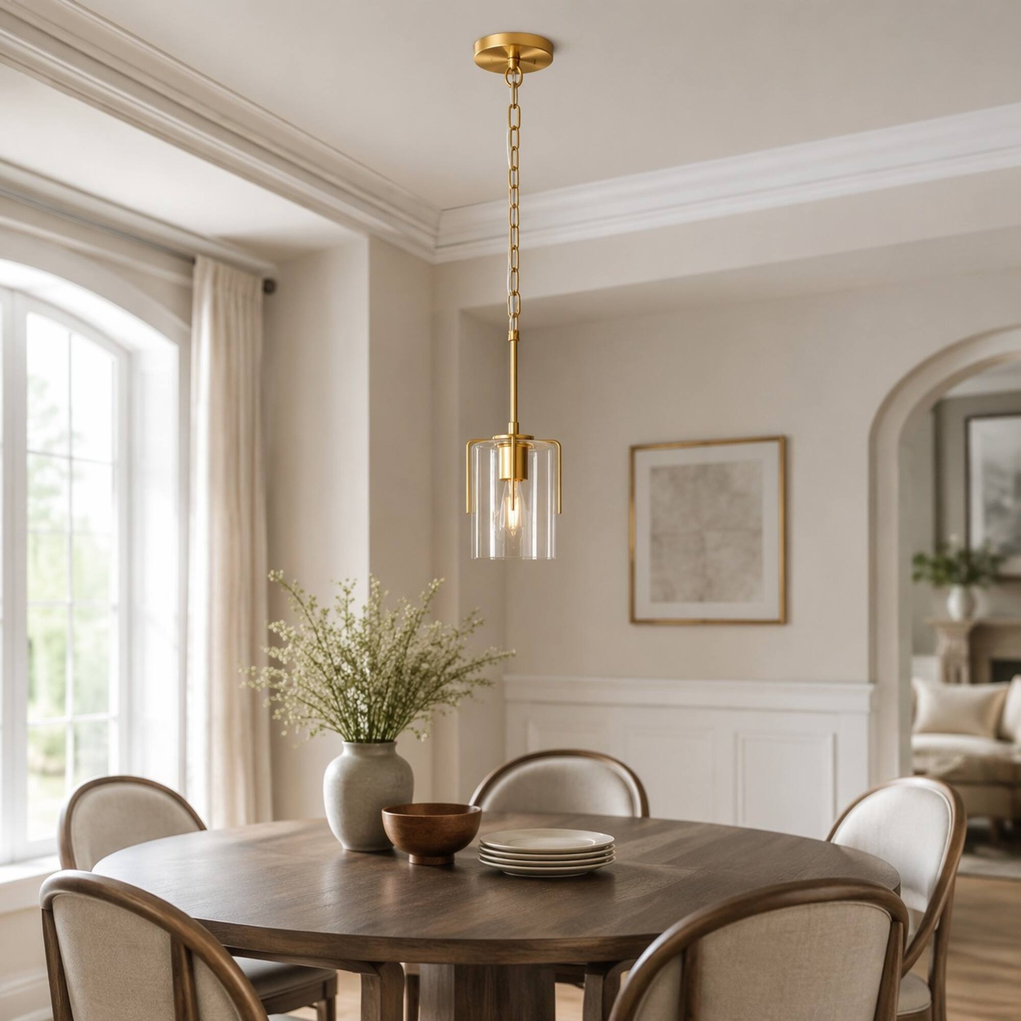 Angle. RYHNUYNE - Farmhouse Gold Pendant Light, 1-Light Clear Glass Adjustable Hanging Fixture for Kitchen Island & Dining Room - Gold.