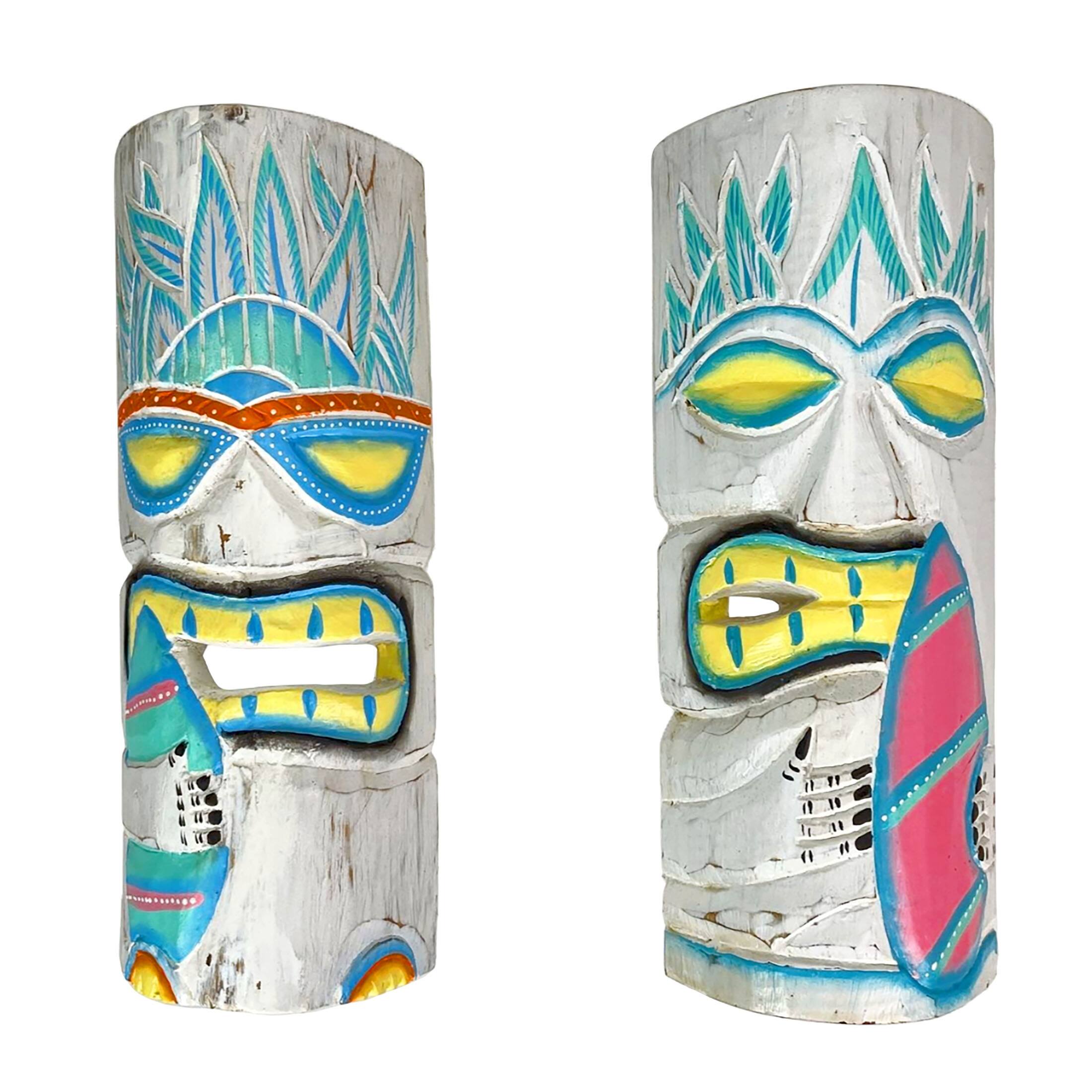Front. Chesapeake Bay - Set of 2 Pastel Surfer Tiki Masks 12" Hand-Carved Wooden Wall Decor Art - Multicolored.