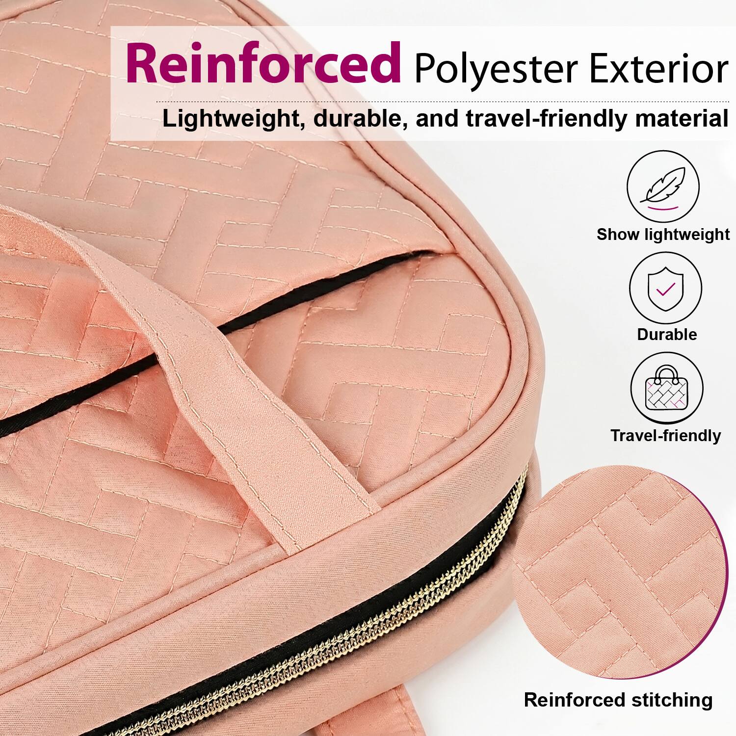 Reinforced Polyester Exterior  
Lightweight, durable, and travel-friendly material  
Show lightweight  
Durable  
Travel-friendly  
Reinforced stitching