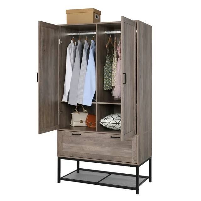 Back. Hivvago - Modern 2-Door Bedroom Wardrobe Cabinet Armoire Shoe Rack in Retro Grey Finish - Grey.