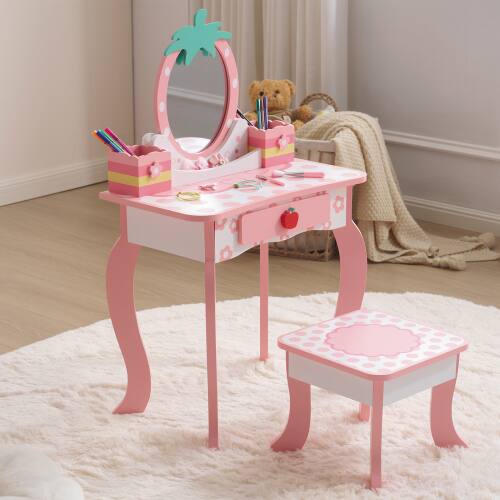 Alt View 1. Winado - 2-in-1 Cartoon Design Children Vanity Table Set Removable Mirror to Writing Desk with Stool for Christmas Birthday Gift - White.
