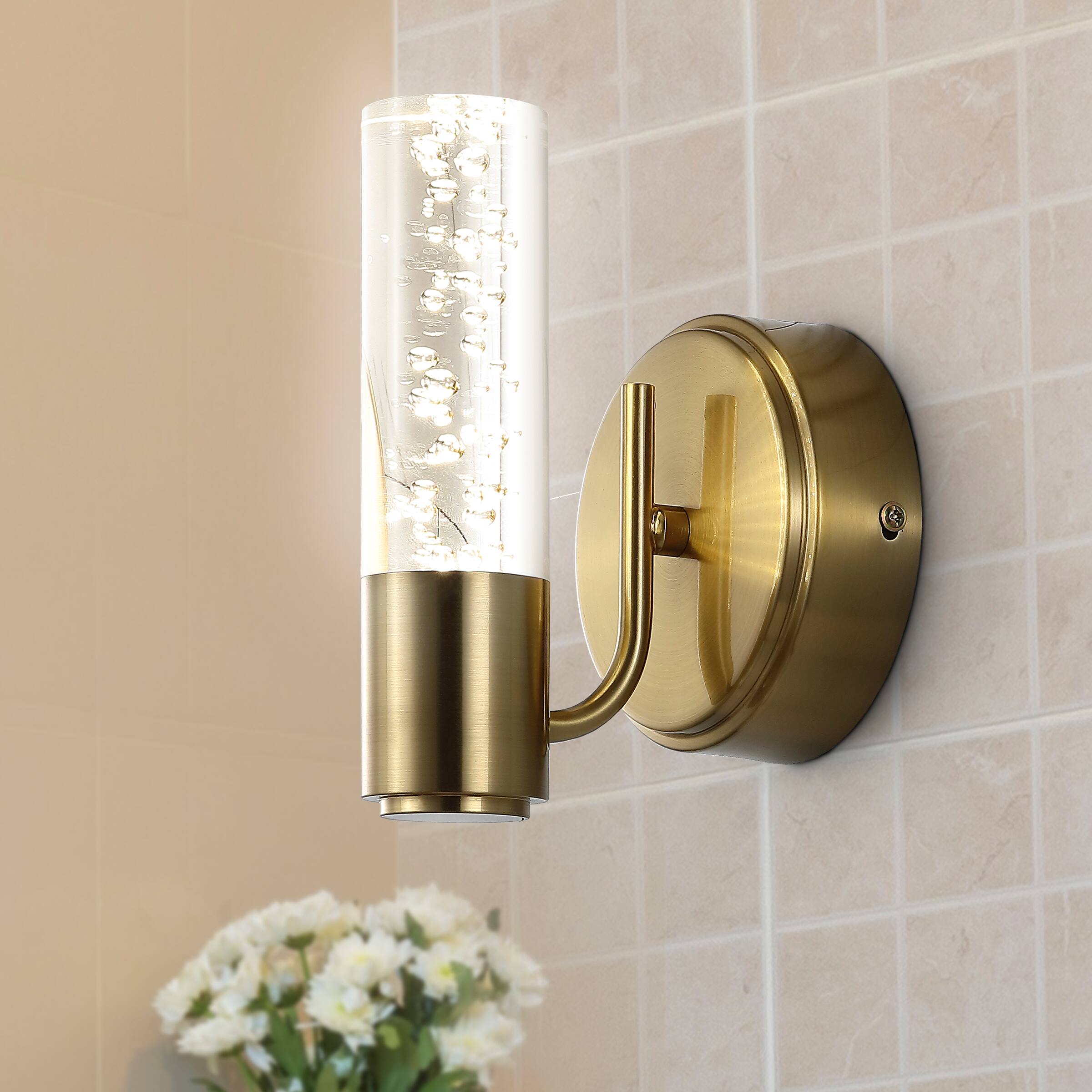 Alt View 1. Jonathan Y - Bolha 5.5" 1-Light Minimalist Modern Bubble Acrylic/Iron Integrated LED Vanity Light, Brass Gold - Brass Gold.