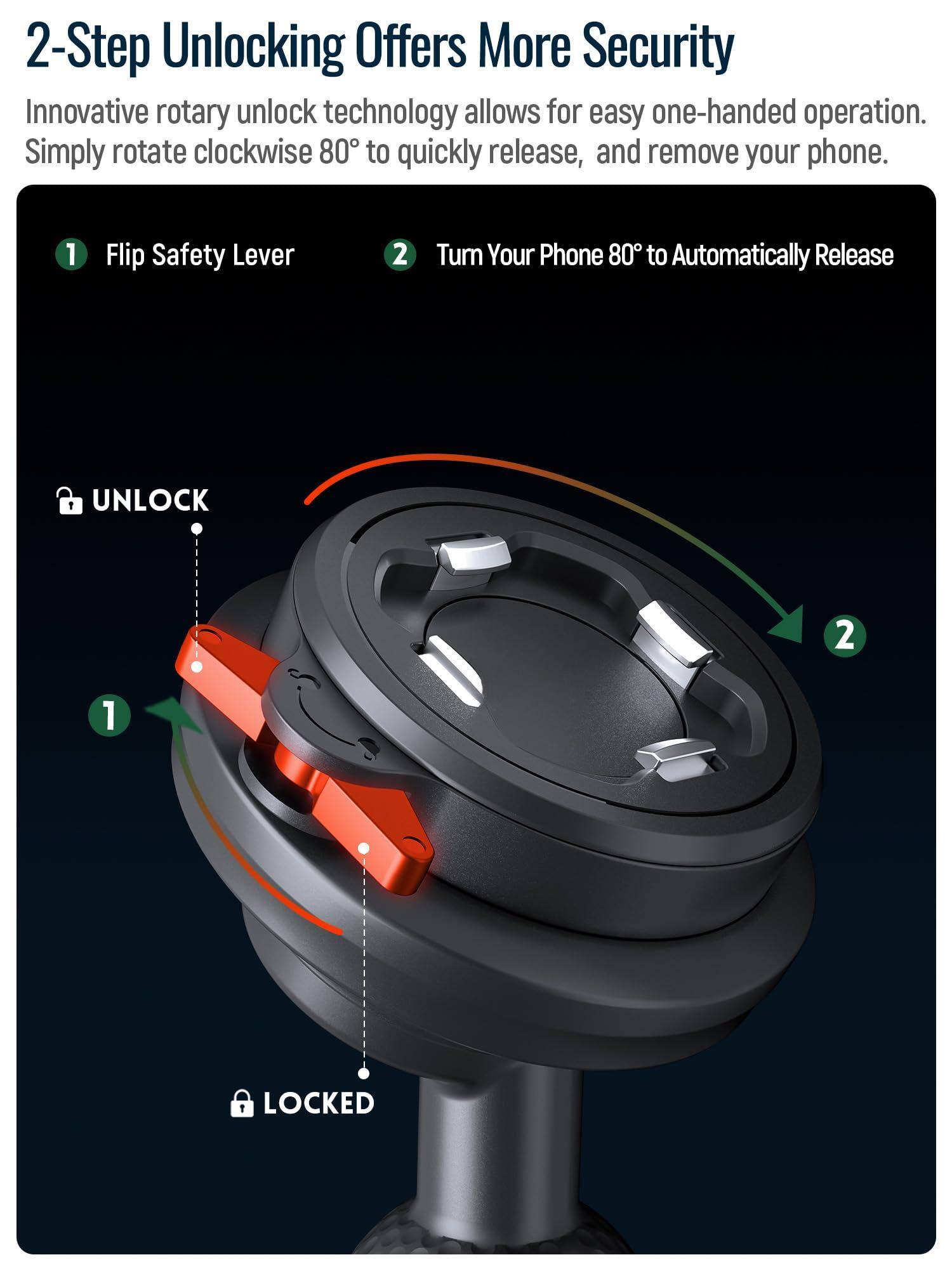 2-Step Unlocking Offers More Security

Innovative rotary unlock technology allows for easy one-handed operation. Simply rotate clockwise 80° to quickly release, and remove your phone.

1. Flip Safety Lever
2. Turn Your Phone 80° to Automatically Release

UNLOCK

LOCKED