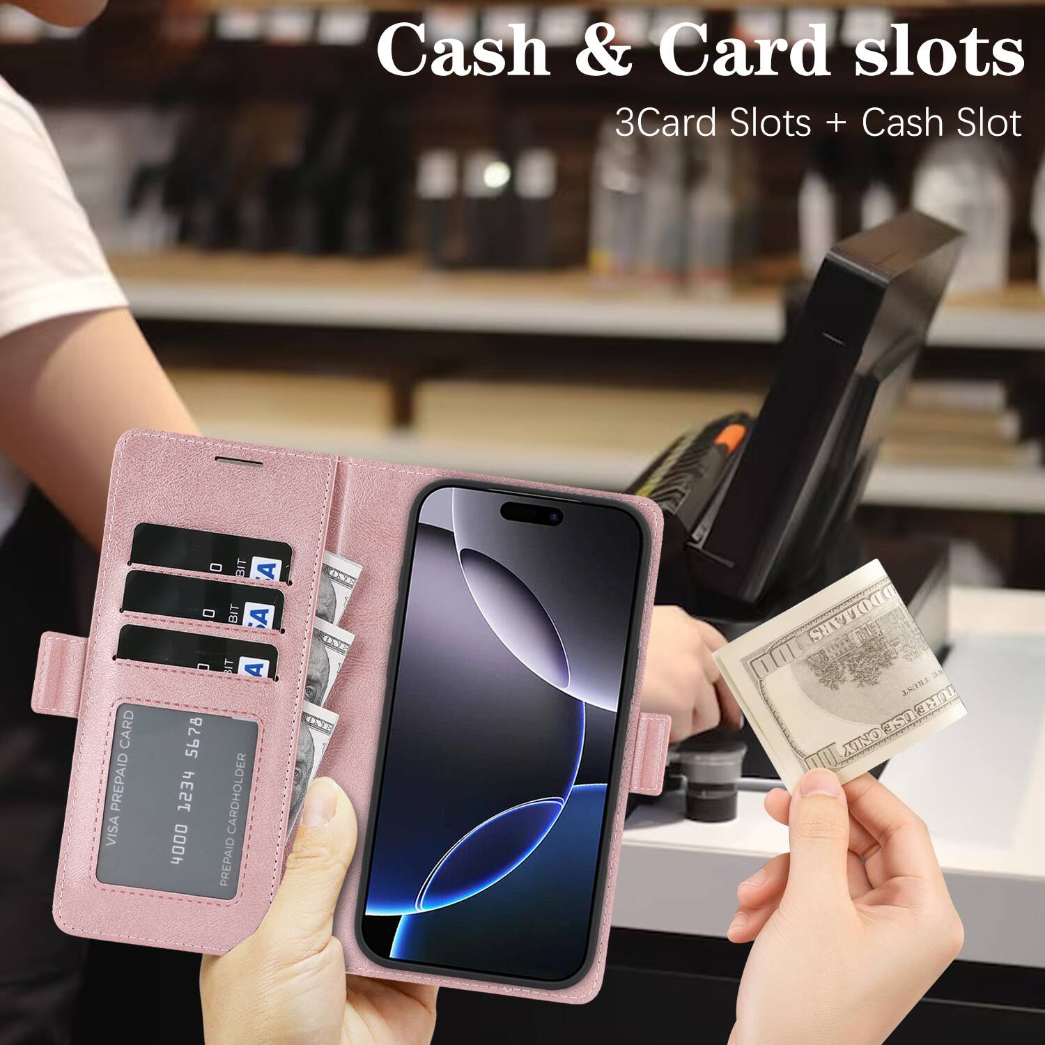 Cash & Card slots  
3Card Slots + Cash Slot  

CARD VISA PREPAID  
5678 hE2T 4000  
BIT A BIT A BIT A CARDHOLDER PREPAID  
TU DDOLLARS TRUST TURE XINO TUREUSE USE