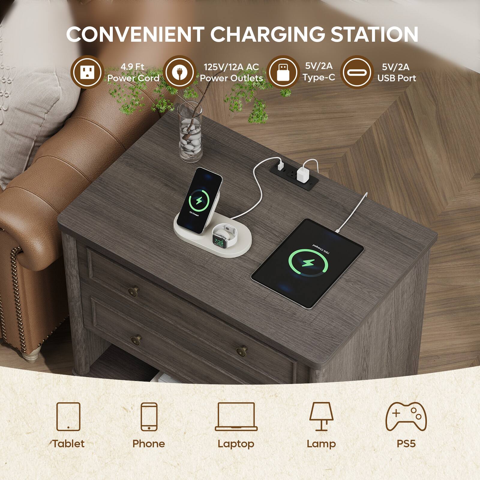 CONVENIENT CHARGING STATION  
4.9 Ft Power Cord  
125V/12A AC Power Outlets  
5V/2A Type-C USB Port  
200  
Tablet Phone Laptop Lamp PS5