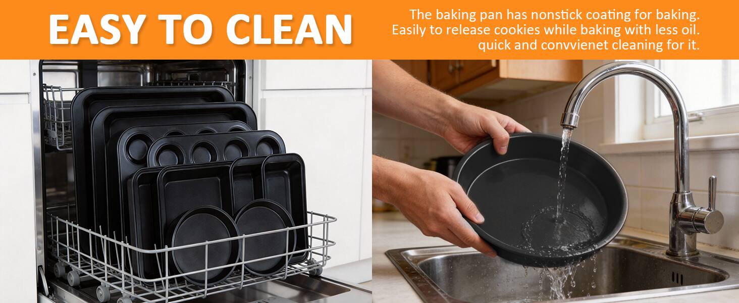 The baking pan has nonstick coating for baking. Easily to release cookies while baking with less oil. Quick and convenient cleaning for it.