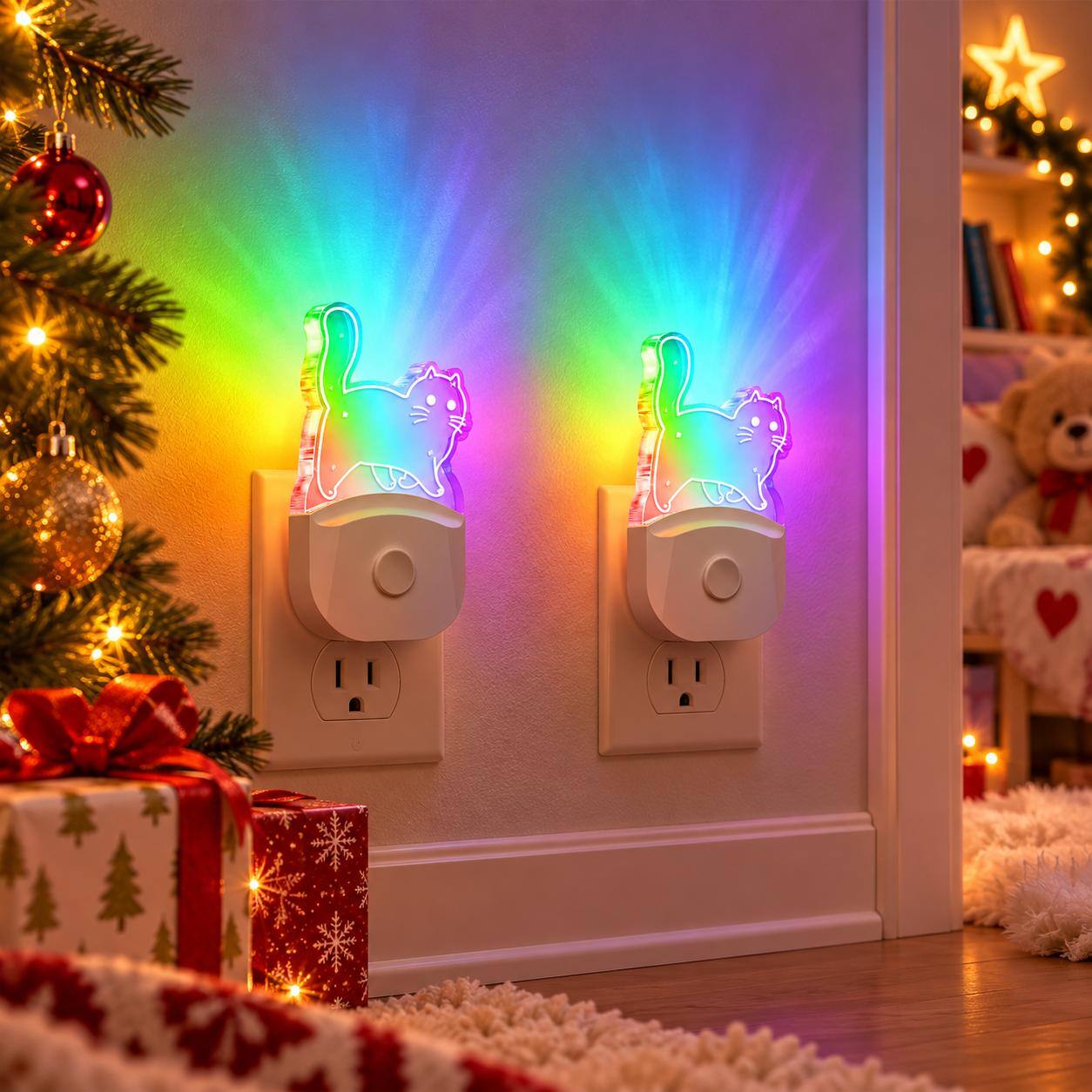 Front. Jandcase - JANDCASE 2-Pack Fat Cat Night Light, RGB Color Changing Plug-in with Dusk-to-Dawn Sensor and Memory, for Bedroom - White.