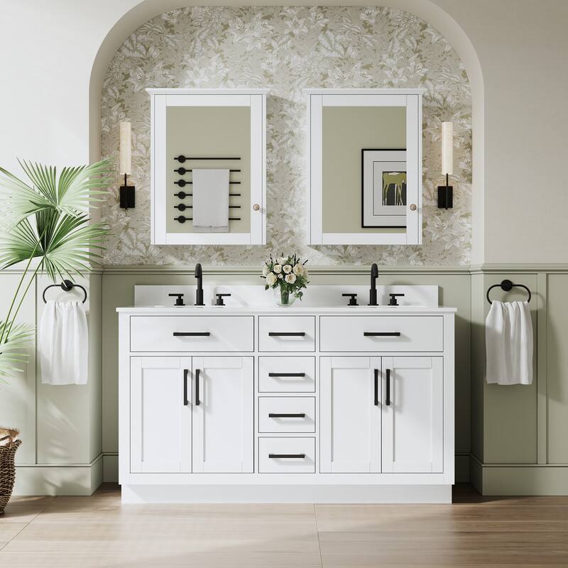 Back. WELLFOR - 60 in Solid Wood Bathroom Vanity with Double Sink,4 Doors,6 Drawers& Cultured Marble Countertop,Matte Black Handle - White.