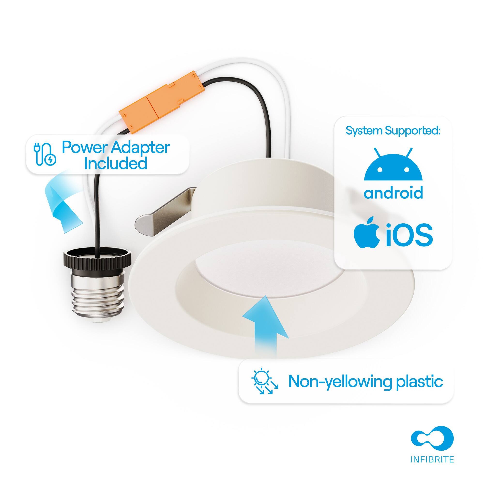 - Power Adapter Included
- System Supported: android iOS
- Non-yellowing plastic
- INFIBRITE