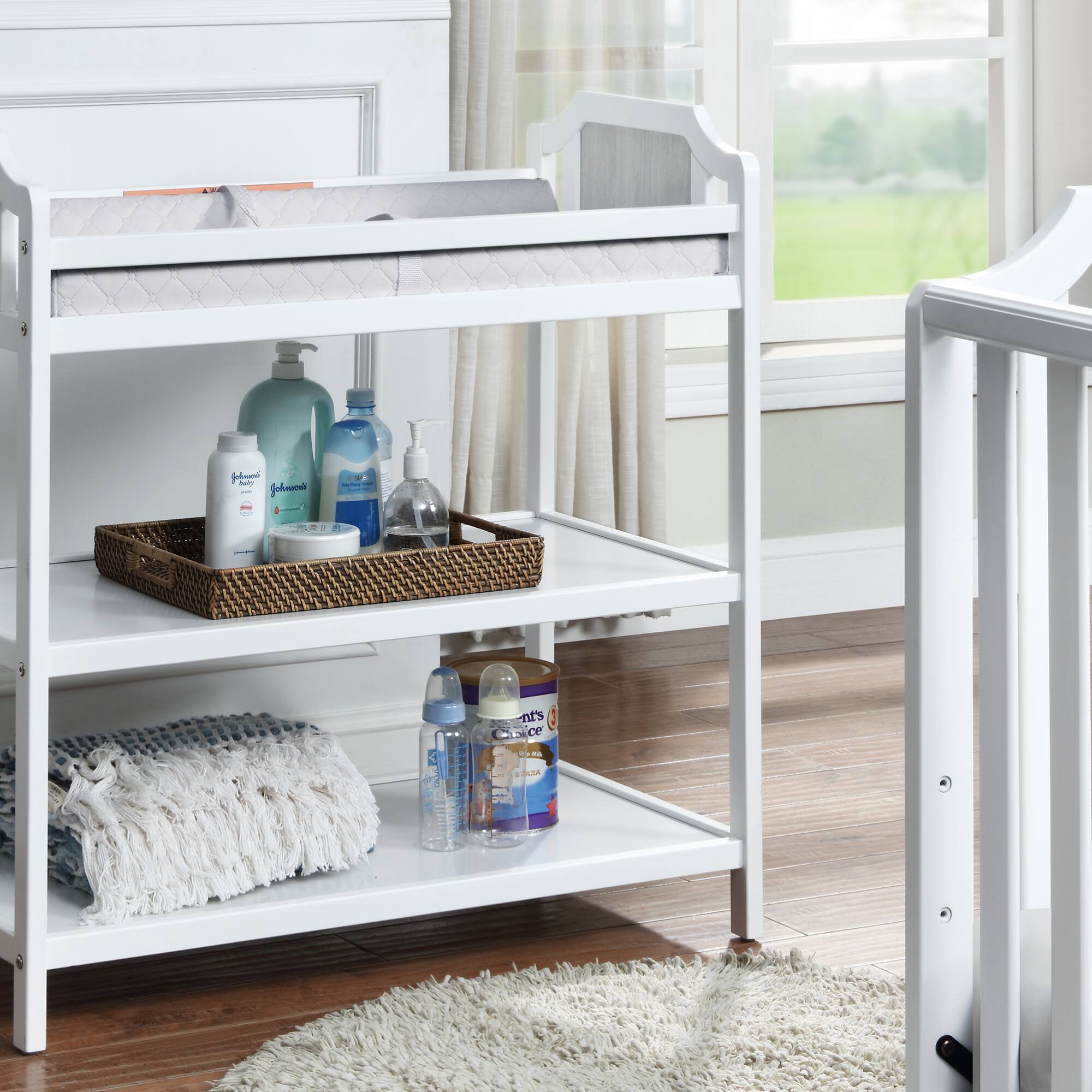 Front. GOODSILO - Modern Gray Wooden Baby Changing Table with Safety Rails and Open Shelf Storage for Nursery Organization - White+gray.