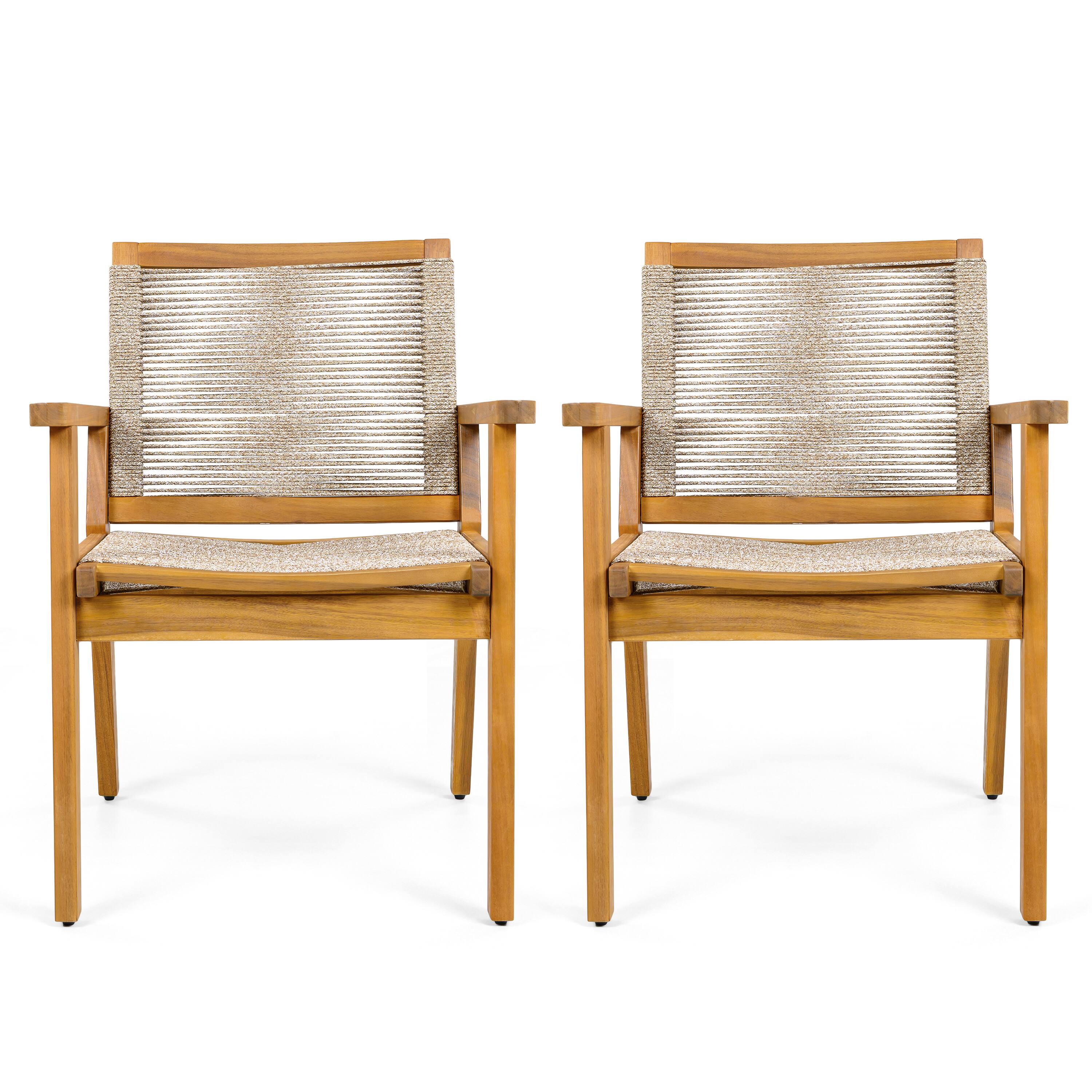 Back. Whisen - Outdoor Patio Dining Chair Set of 2, Woven Rope and Teak Acacia Wood, 400 lbs Capacity - Mix Brown.