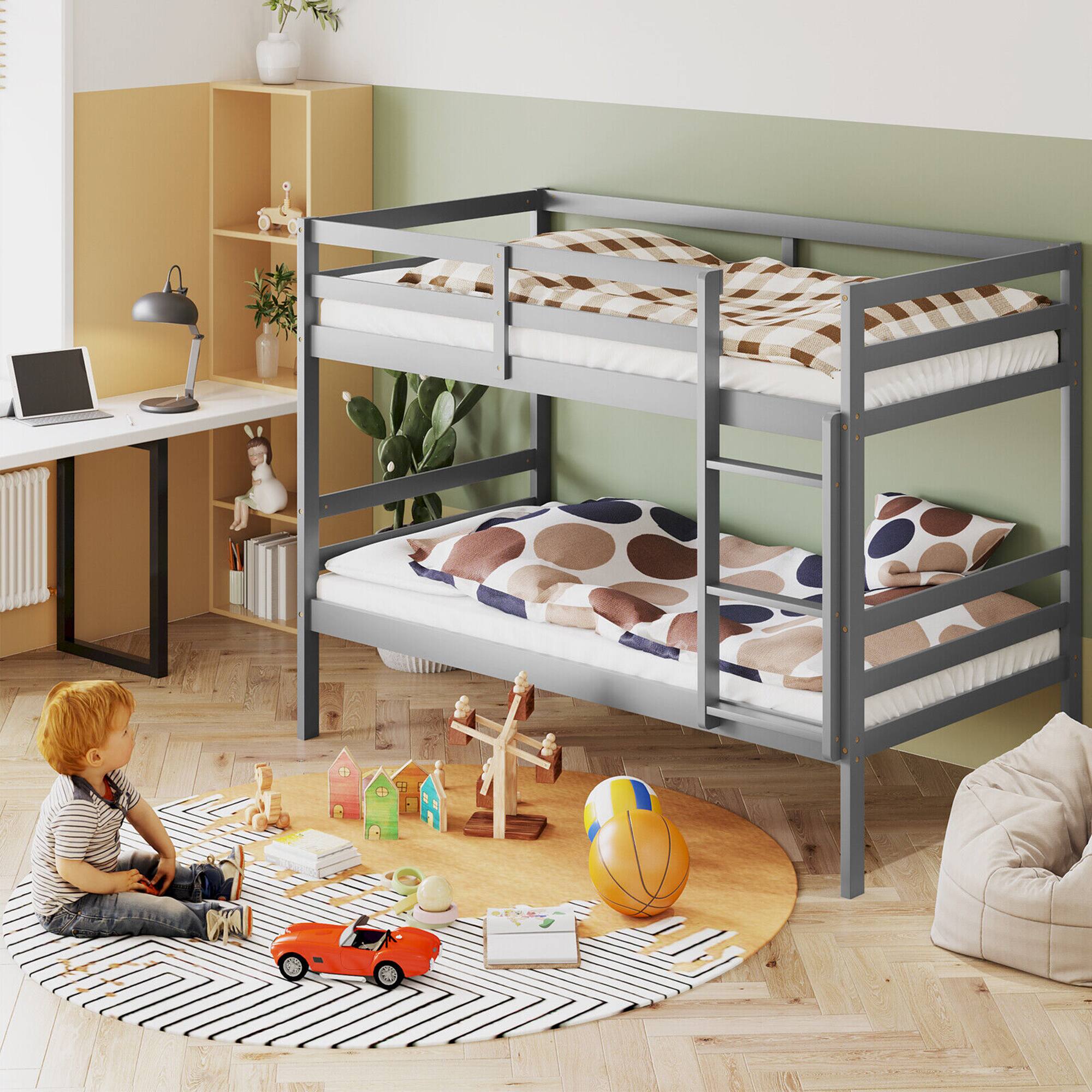 Alt View 4. Gymax - Gymax Twin Over Twin Wood Bunk Beds W/Ladder & Safety Rail Pine Wood Bunk Bed Gray - Gray.