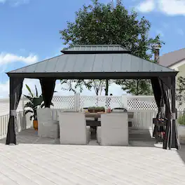 Mondawe - 10x14 Metal Gazebo With Resin Roof ,Curtains and Mosquito Netting Included - Dark Gray
