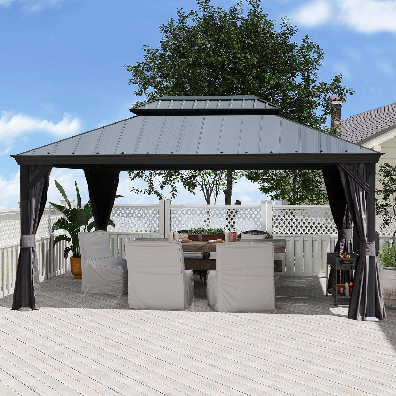 Front. Mondawe - 10x14 Metal Gazebo With Resin Roof ,Curtains and Mosquito Netting Included - Dark Gray.