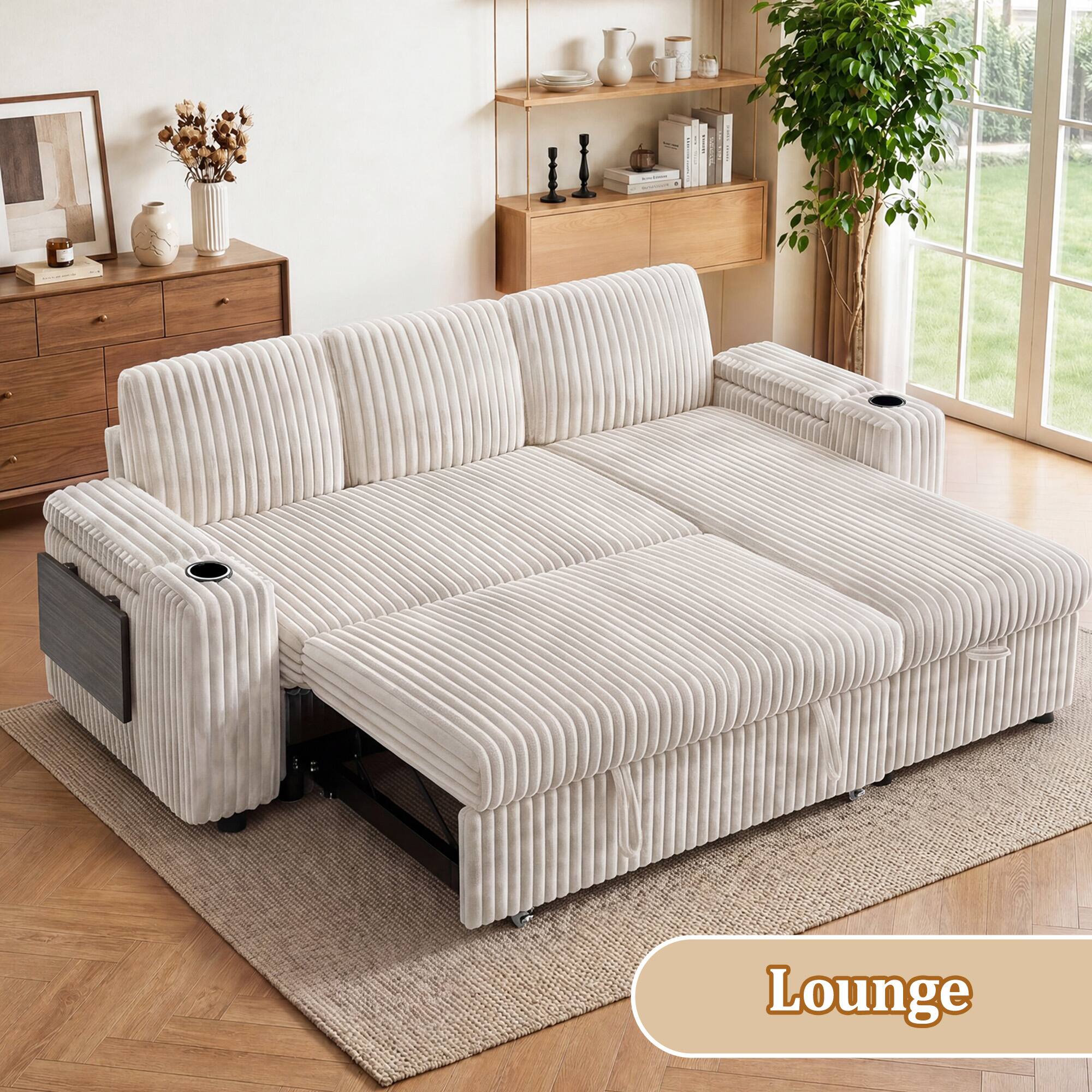 Angle. Dyonery - 85" Modular Sectional Sleeper Sofa with Pull Out Bed, Corduroy Couch with Storage/USB Ports/Cup Holders/Side Table - Beige.