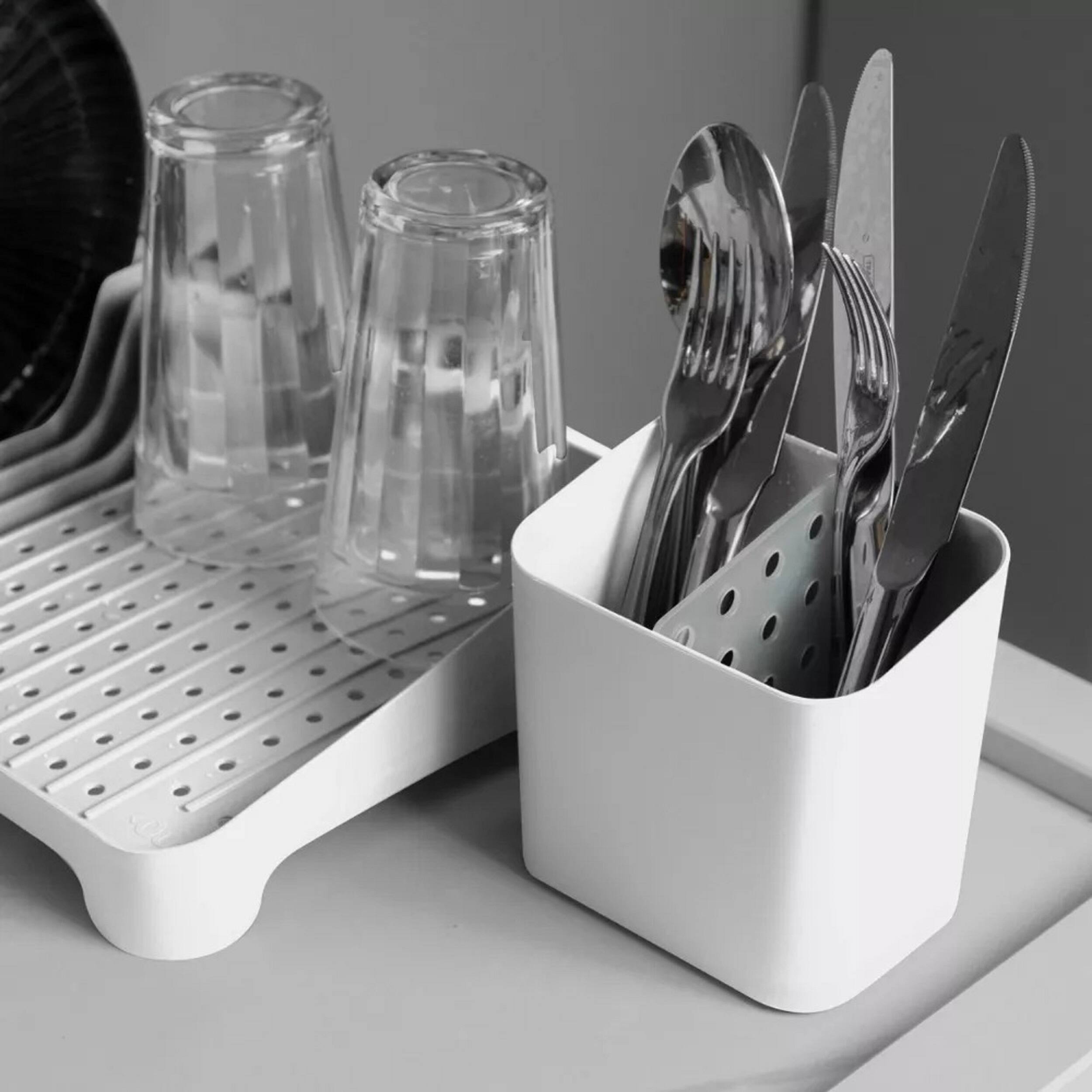 Angle. OU - OU Utensil Holder with Removable Divider, Nonslip Cutlery Drainer with Built In Reservoir - White - White.