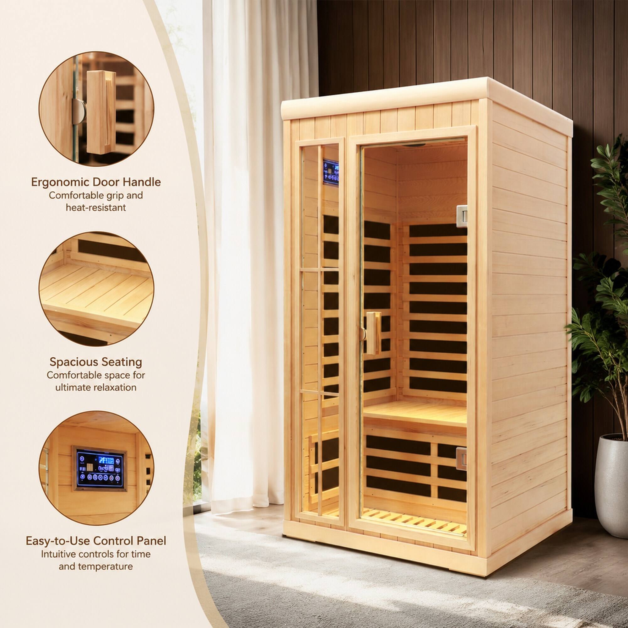 Ergonomic Door Handle: Comfortable grip and heat-resistant  
Spacious Seating: Comfortable space for ultimate relaxation  
Easy-to-Use Control Panel: Intuitive controls for time and temperature